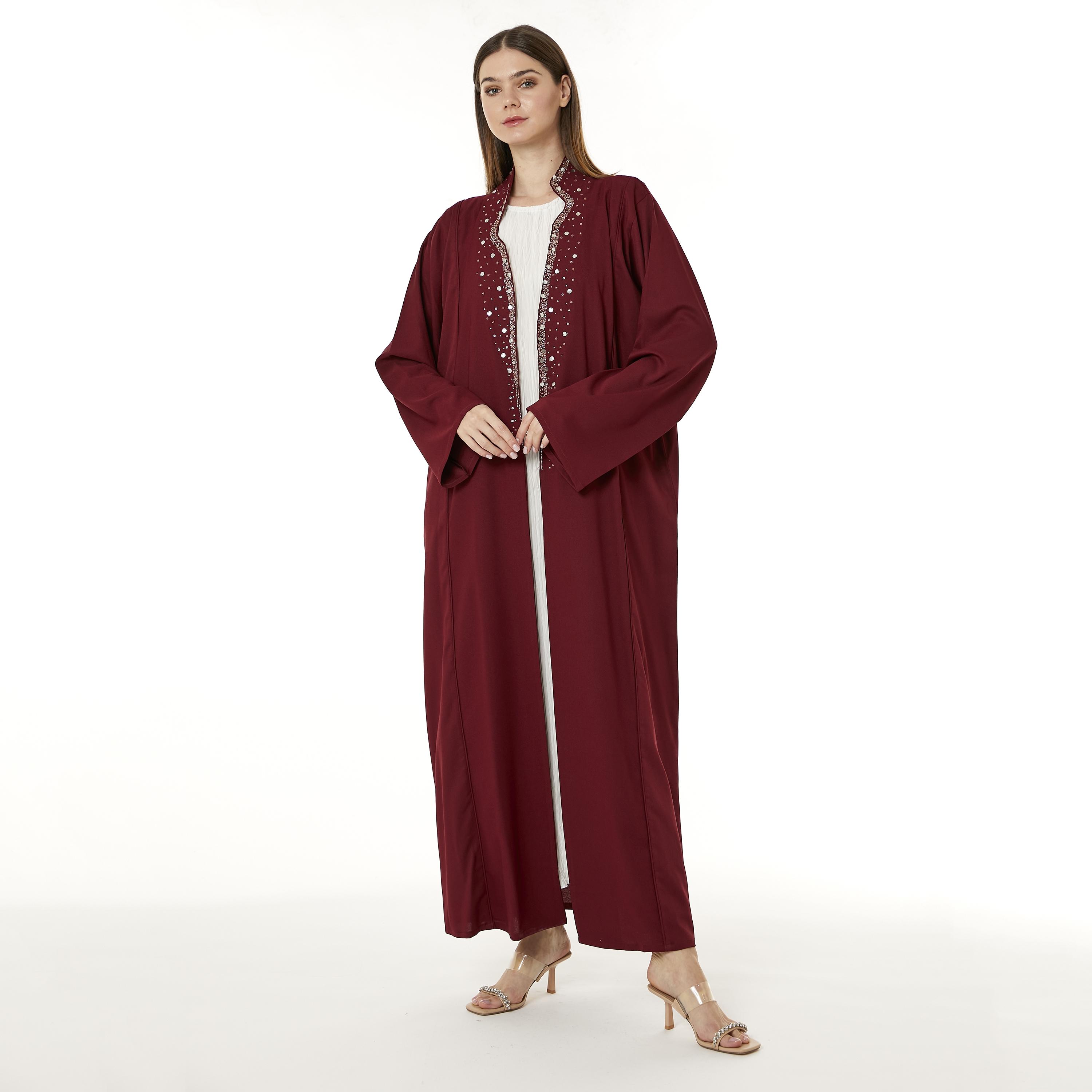 Moistreet Red Crepe Stand Collar Women's Abaya with Hijab-women-arabicclothing-abayas-image-1