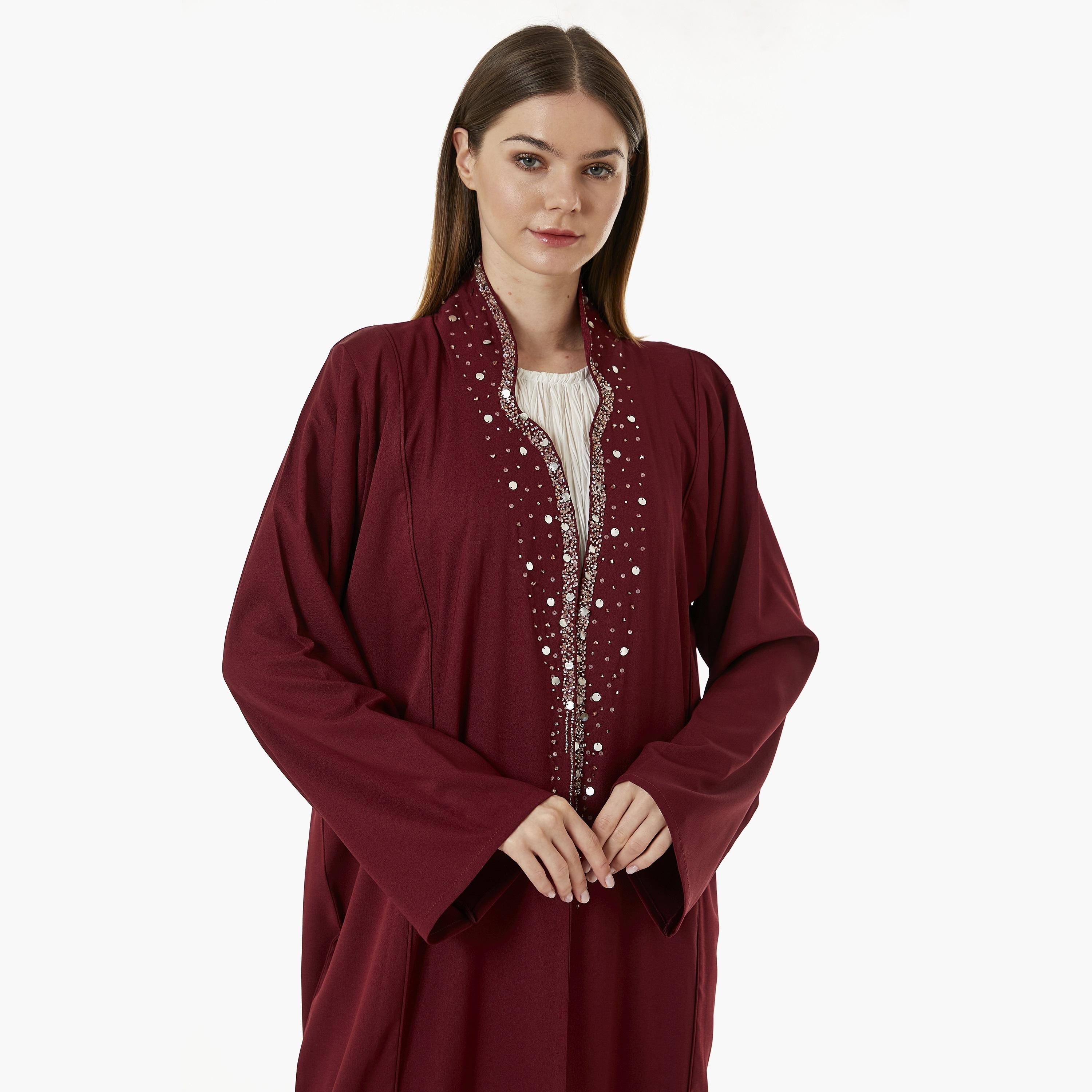 Moistreet Red Crepe Stand Collar Women's Abaya with Hijab-women-arabicclothing-abayas-image-2