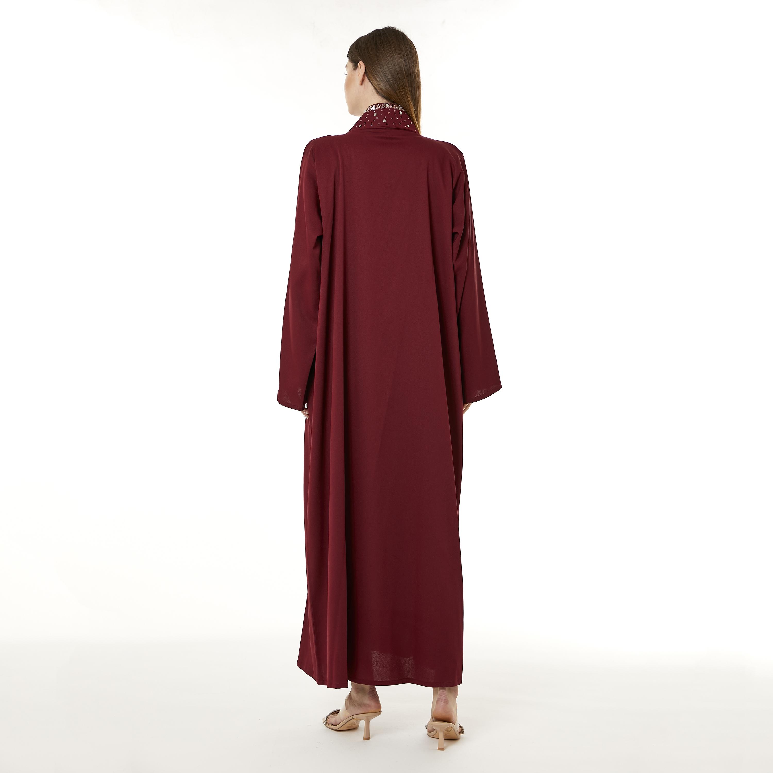 Moistreet Red Crepe Stand Collar Women's Abaya with Hijab-women-arabicclothing-abayas-image-4