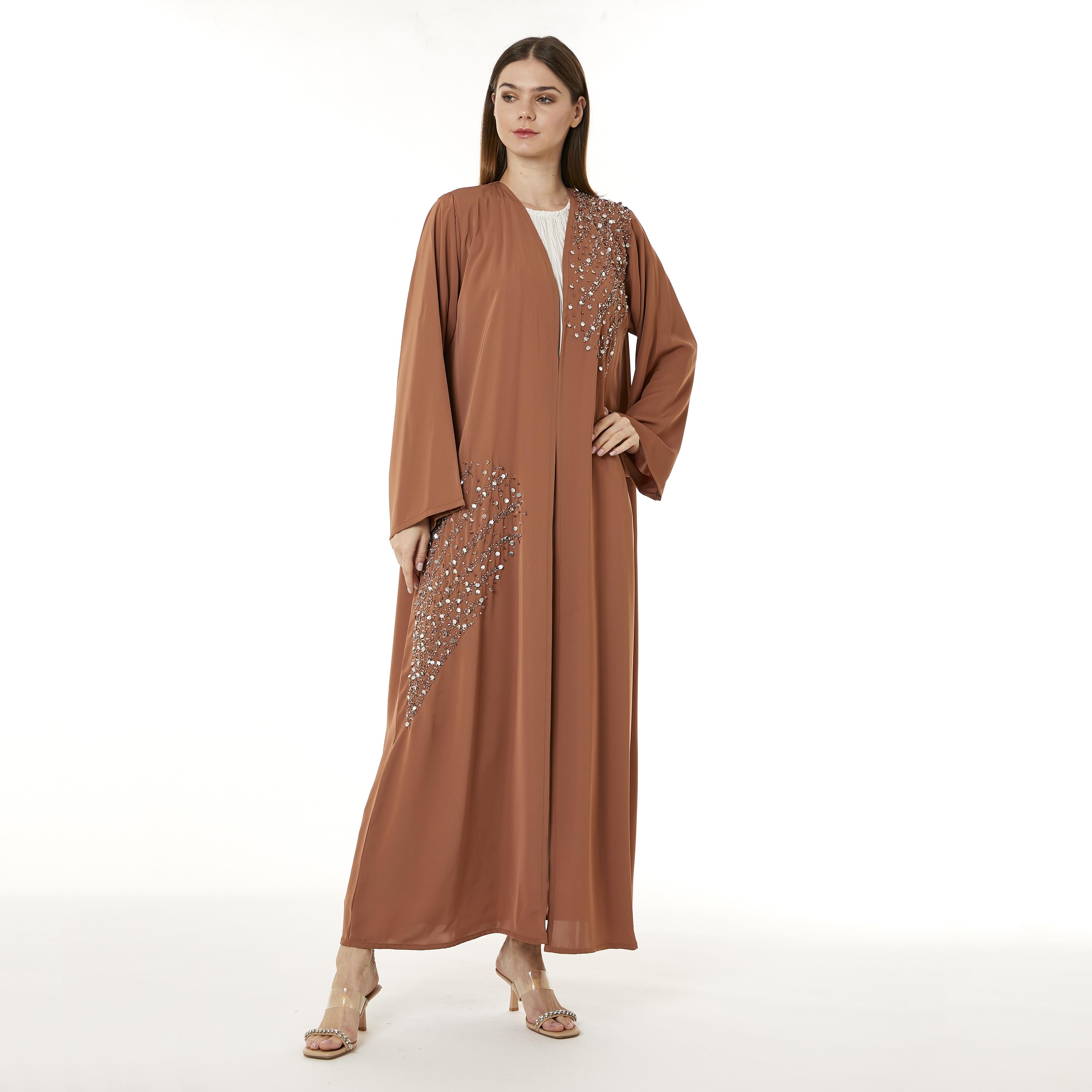 Moistreet Orange Beaded Nida Open-Front Women's Abaya with Hijab-women-arabicclothing-abayas-image-1