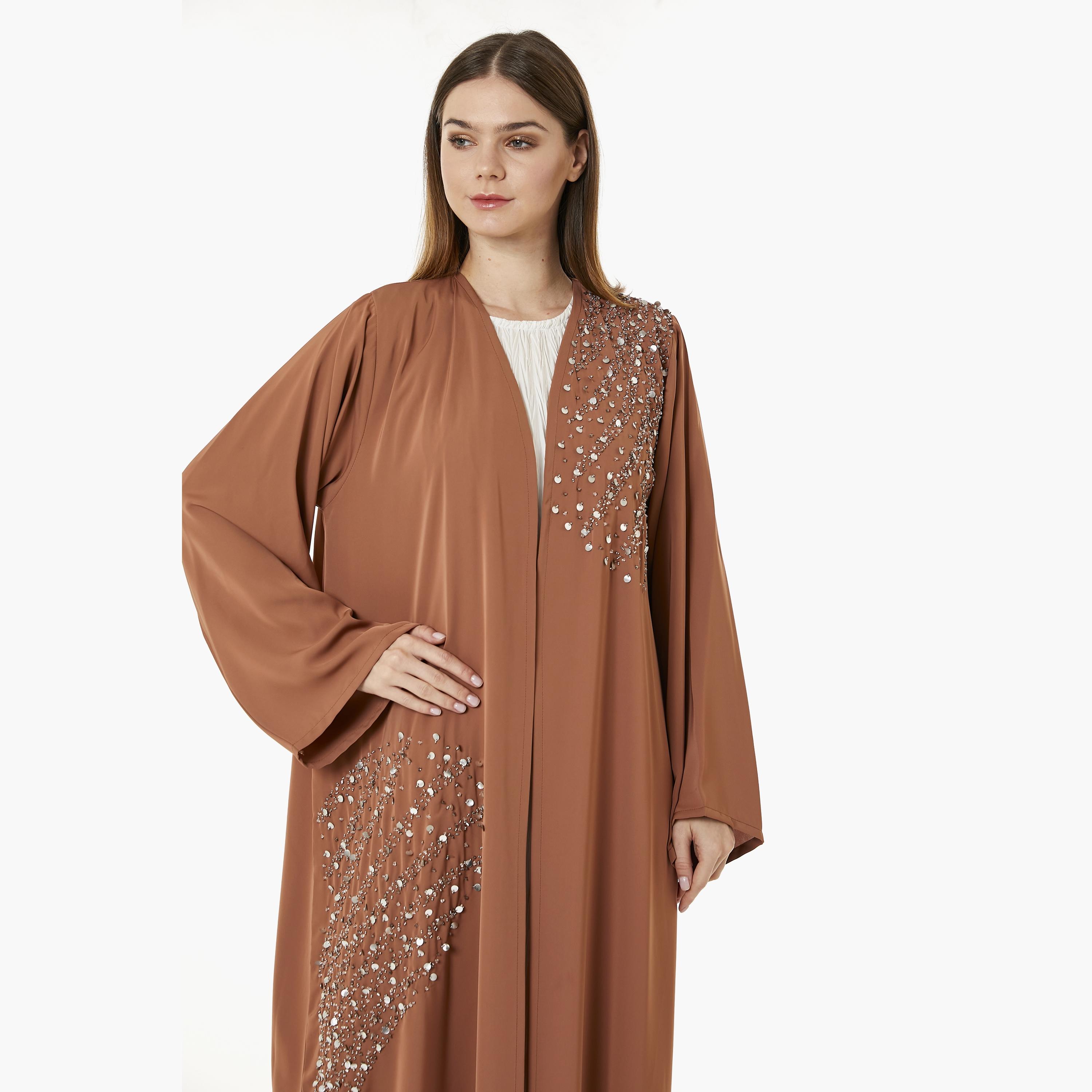 Moistreet Orange Beaded Nida Open-Front Women's Abaya with Hijab-women-arabicclothing-abayas-image-2