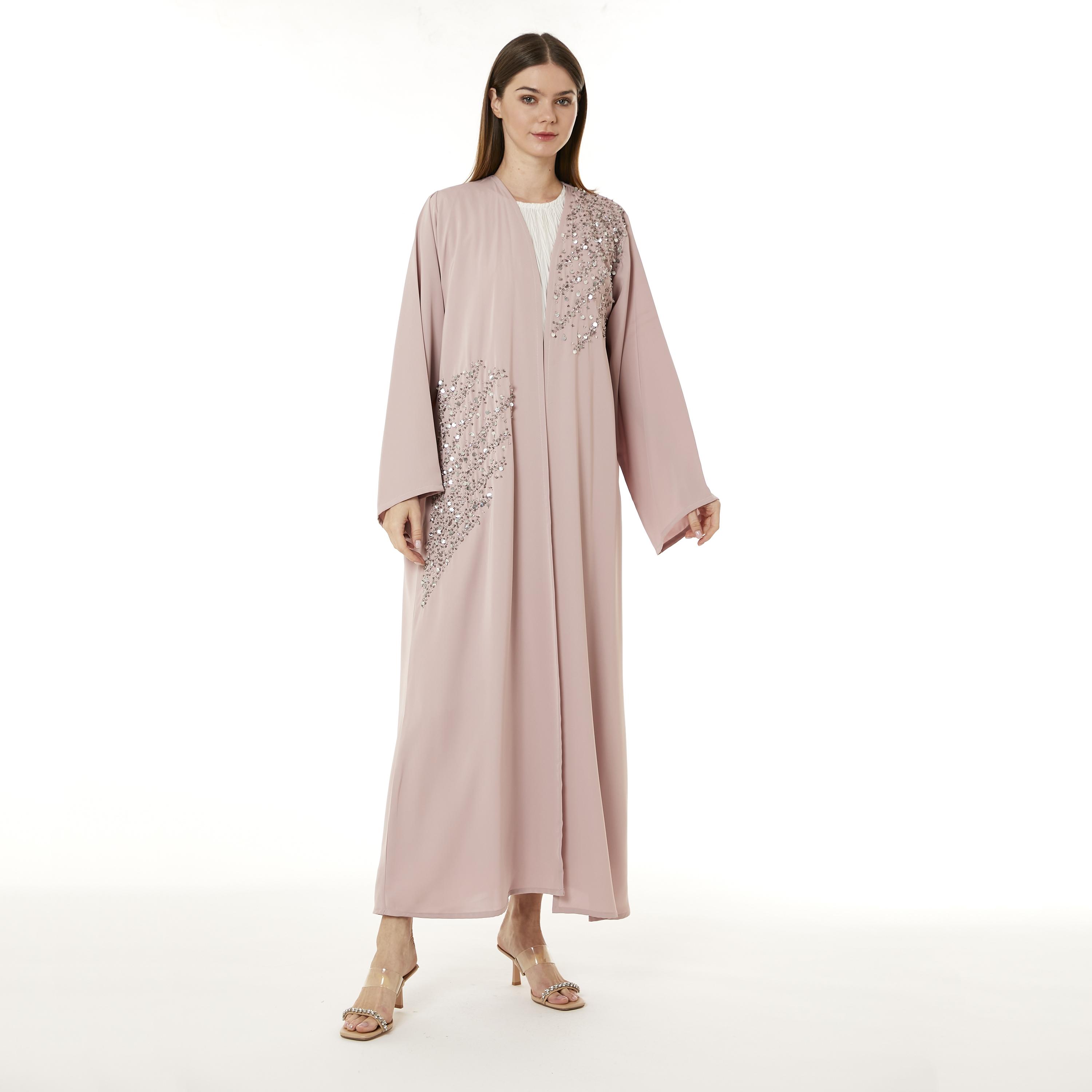 Moistreet Tan Beaded Nida Women's Abaya with Hijab-women-arabicclothing-abayas-image-1