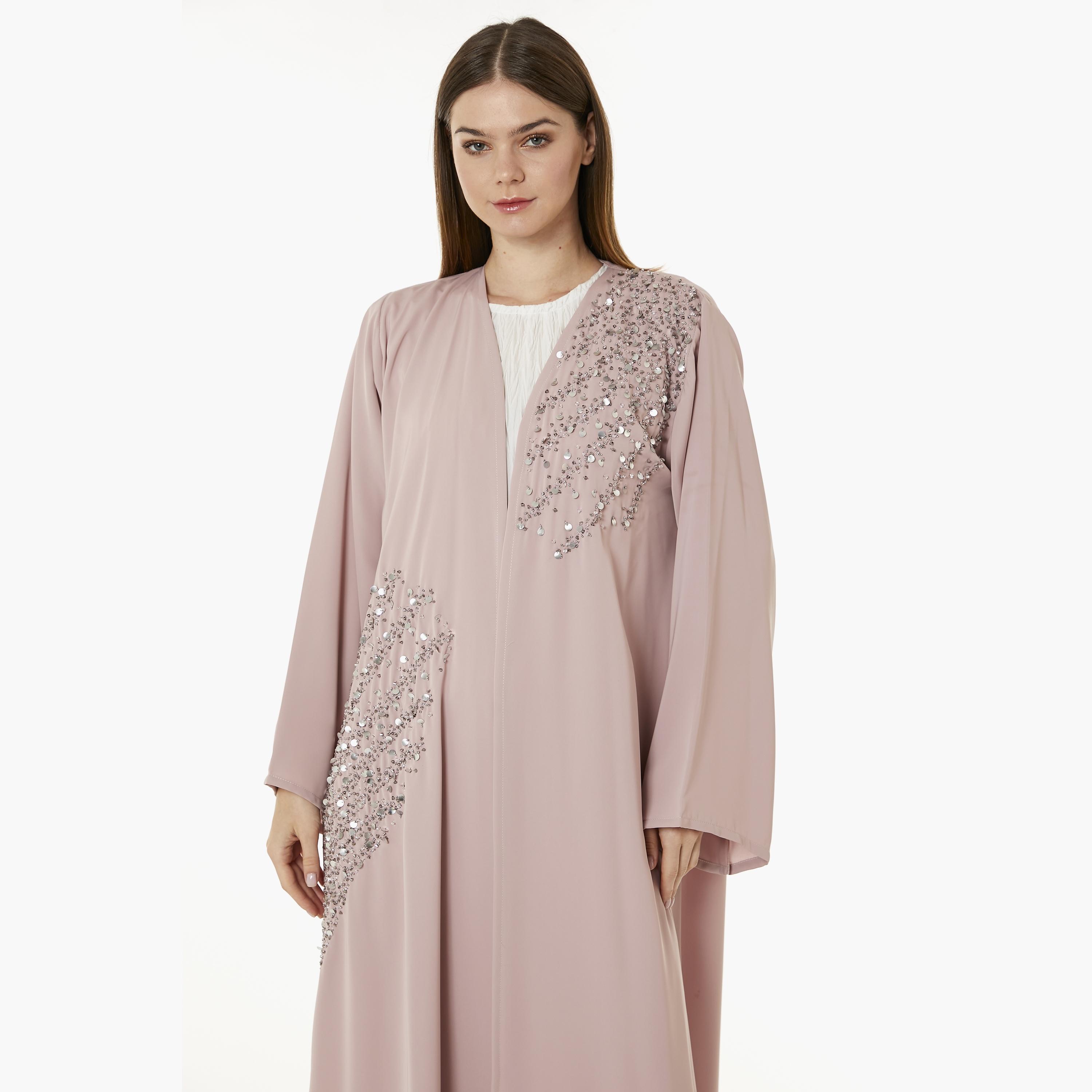 Moistreet Tan Beaded Nida Women's Abaya with Hijab-women-arabicclothing-abayas-image-2