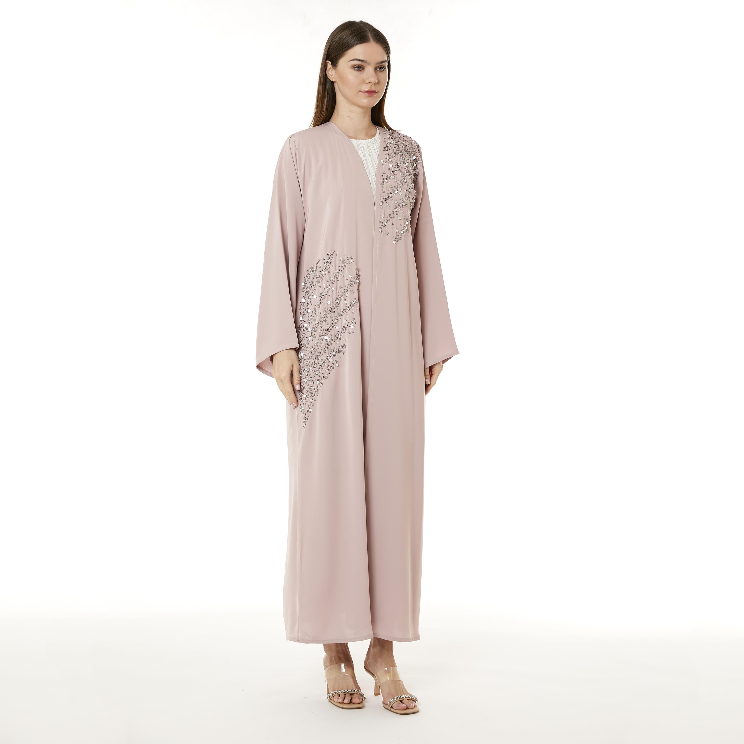 Moistreet Tan Beaded Nida Women's Abaya with Hijab-women-arabicclothing-abayas-image-3
