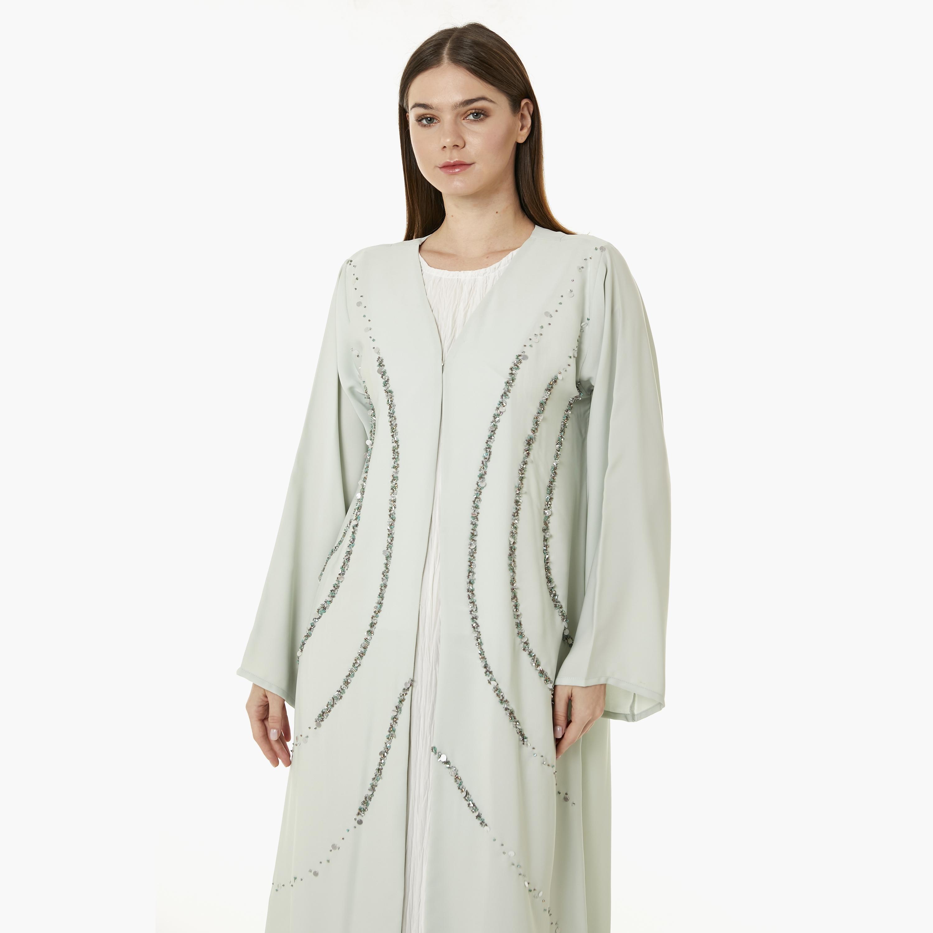  عباية نسائية مفتوحة من الأمام من الكريب باللون الأخضر الفاتح مع حجاب من مويستريت-women-arabicclothing-abayas-image-2