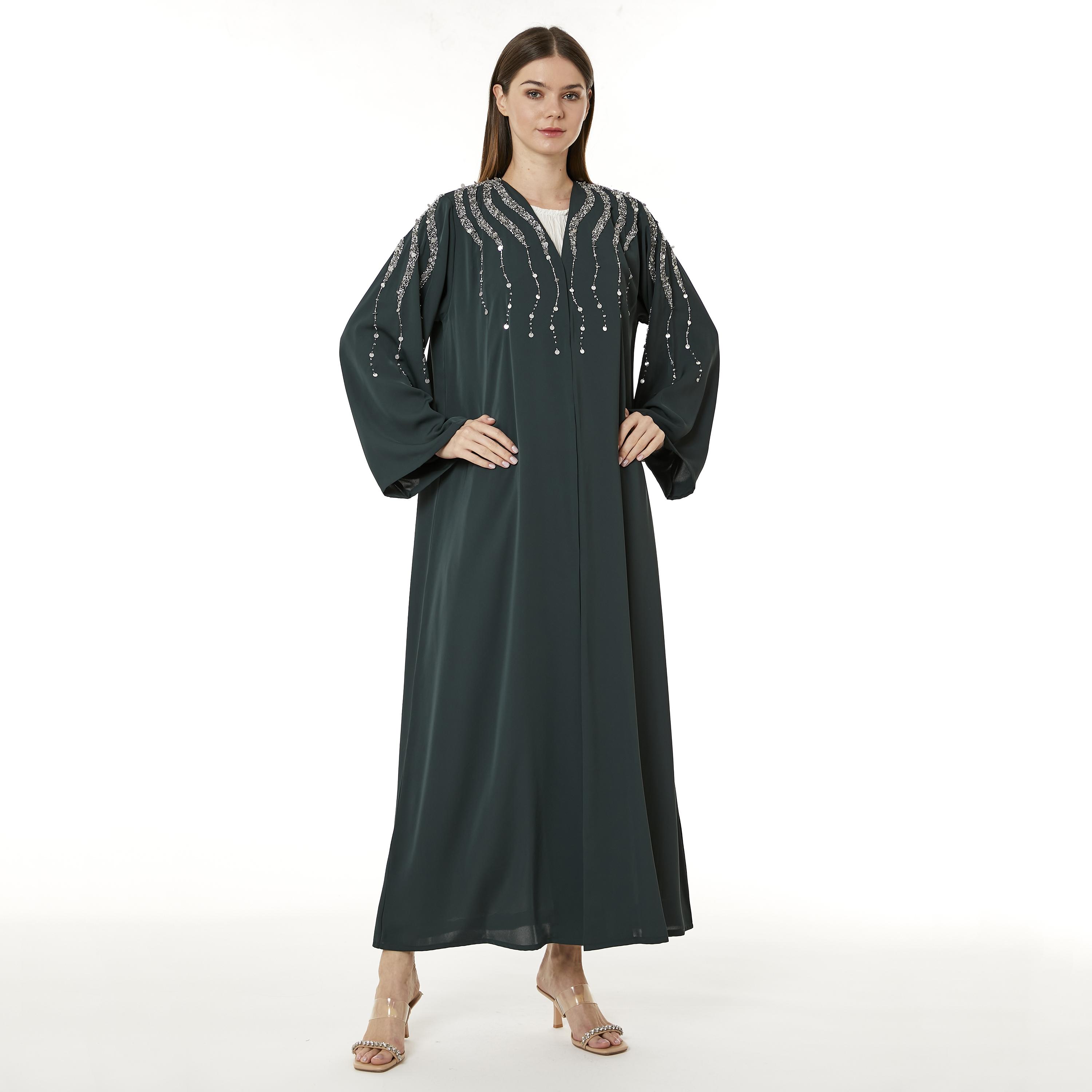 Moistreet Green Beaded Nida Women's Abaya with Hijab-women-arabicclothing-abayas-image-1