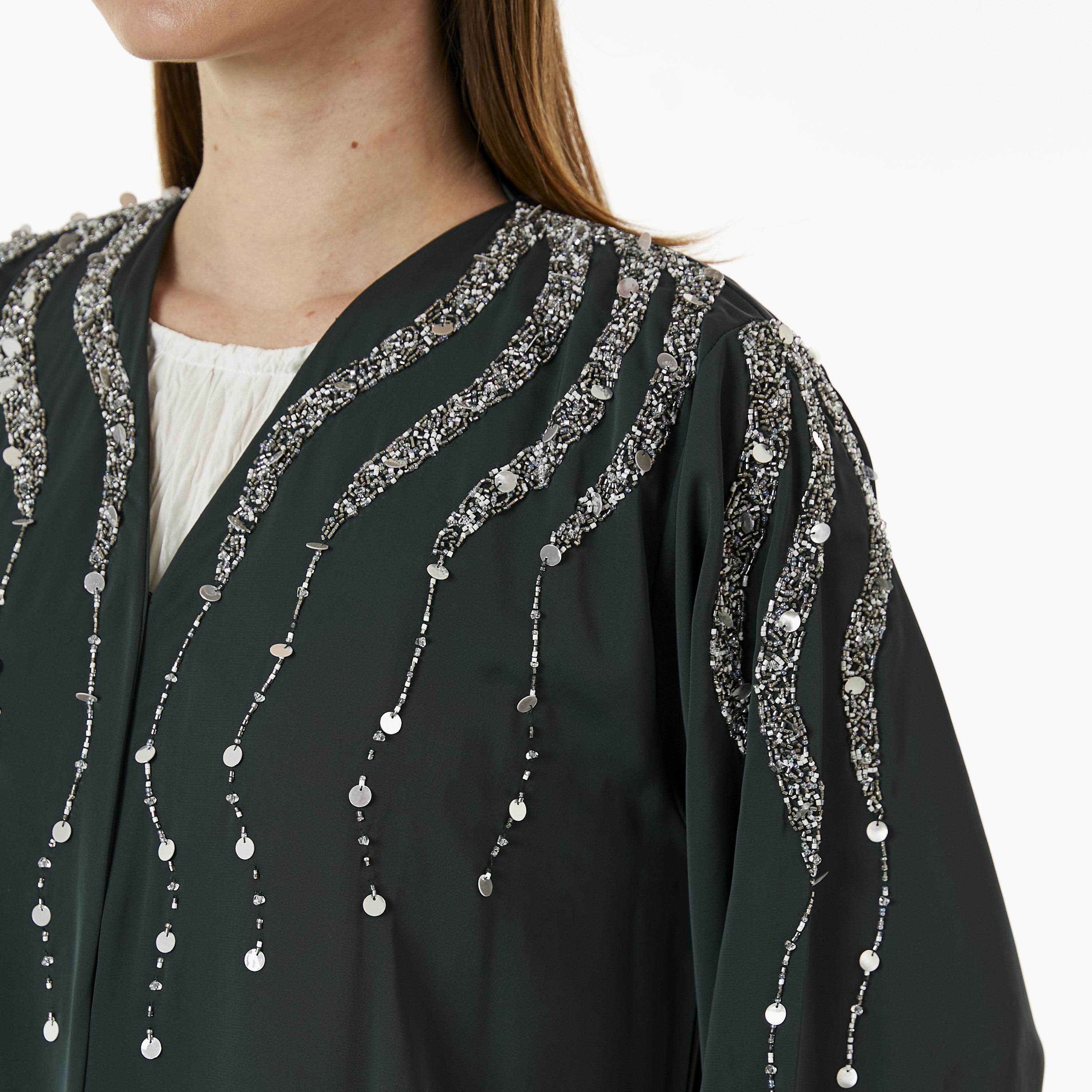 Moistreet Green Beaded Nida Women's Abaya with Hijab-women-arabicclothing-abayas-image-2