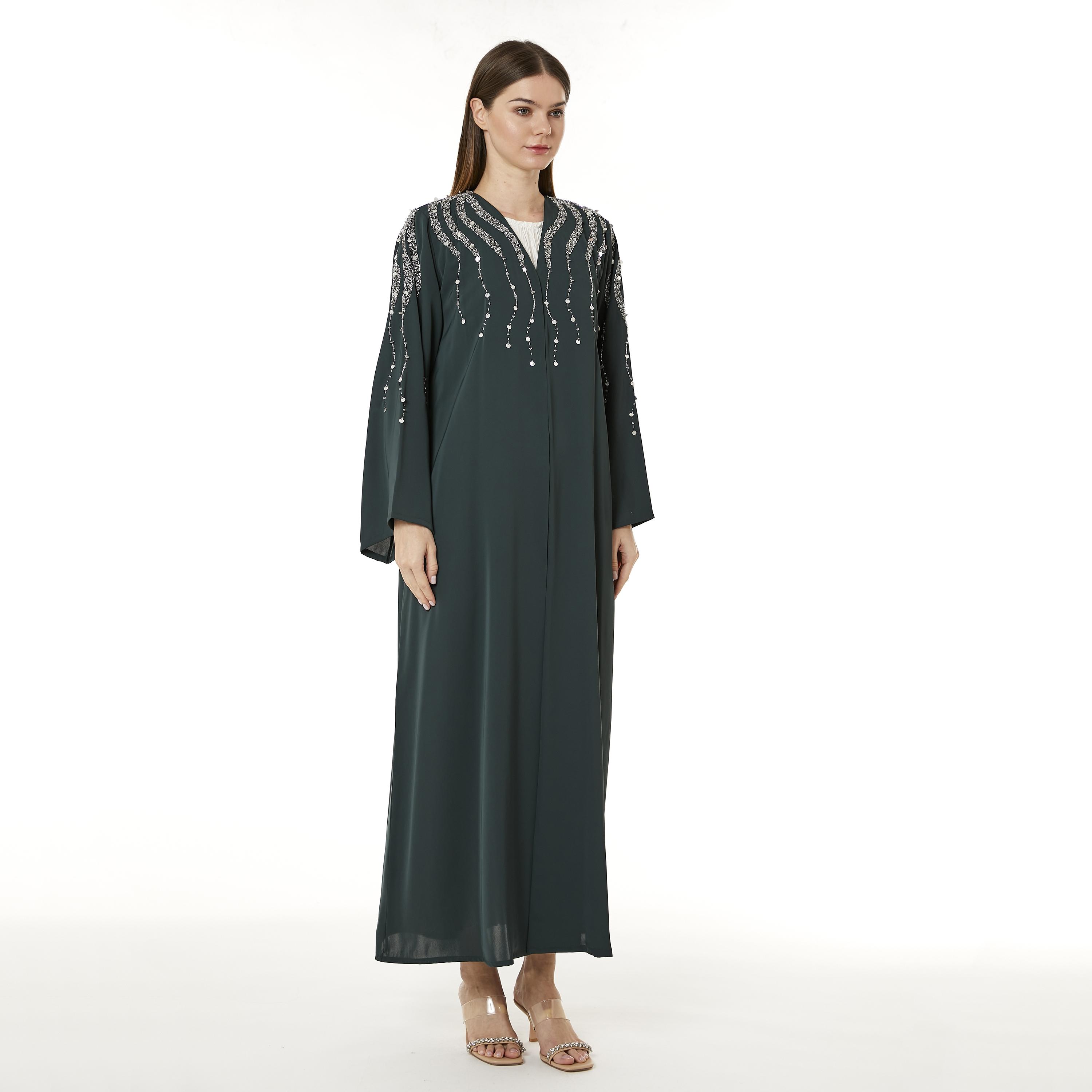 Moistreet Green Beaded Nida Women's Abaya with Hijab-women-arabicclothing-abayas-image-3