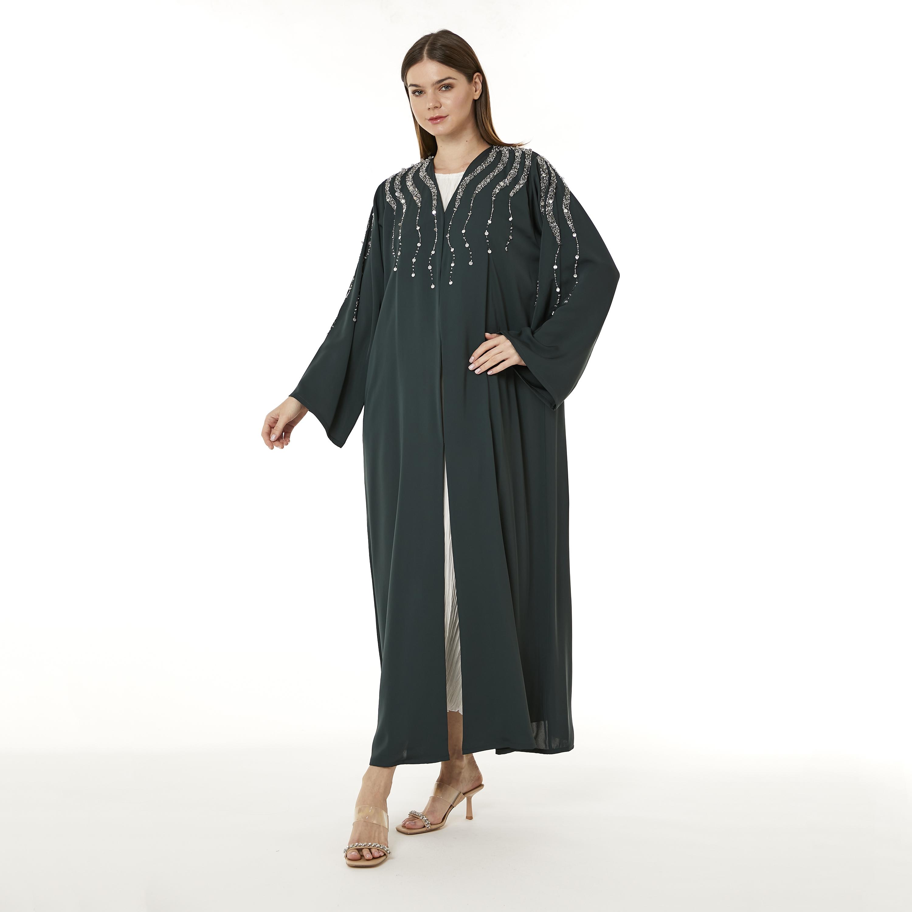 Moistreet Green Beaded Nida Women's Abaya with Hijab-women-arabicclothing-abayas-image-4