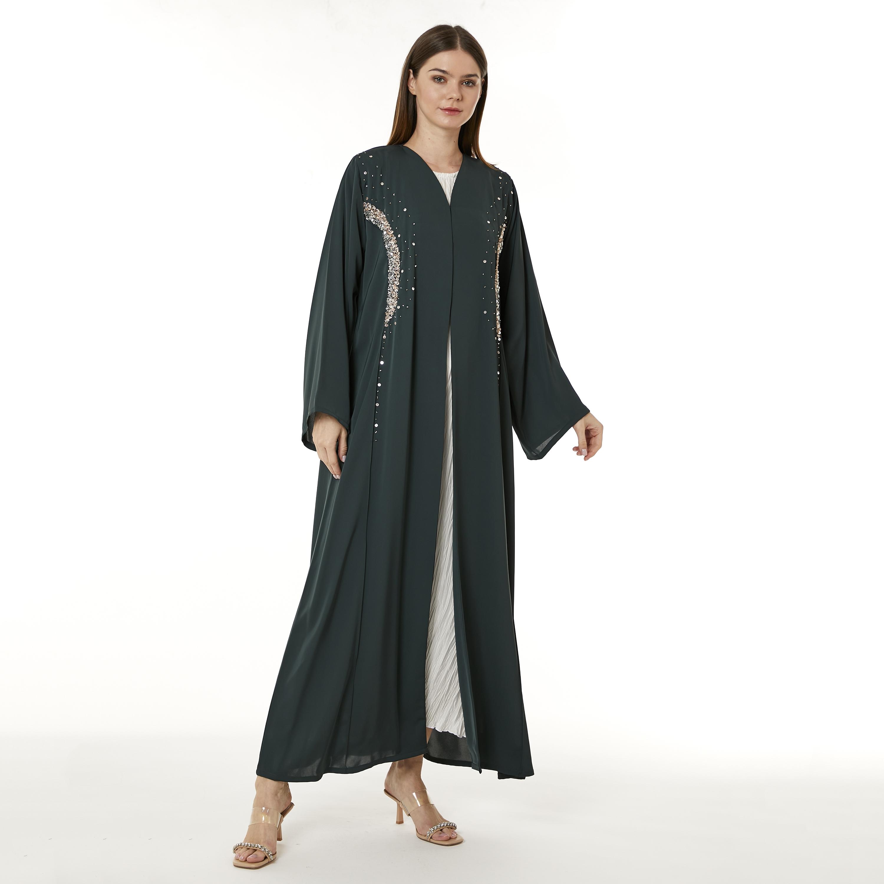 Moistreet Green Sequins Nida Women's Abaya with Hijab-women-arabicclothing-abayas-image-1