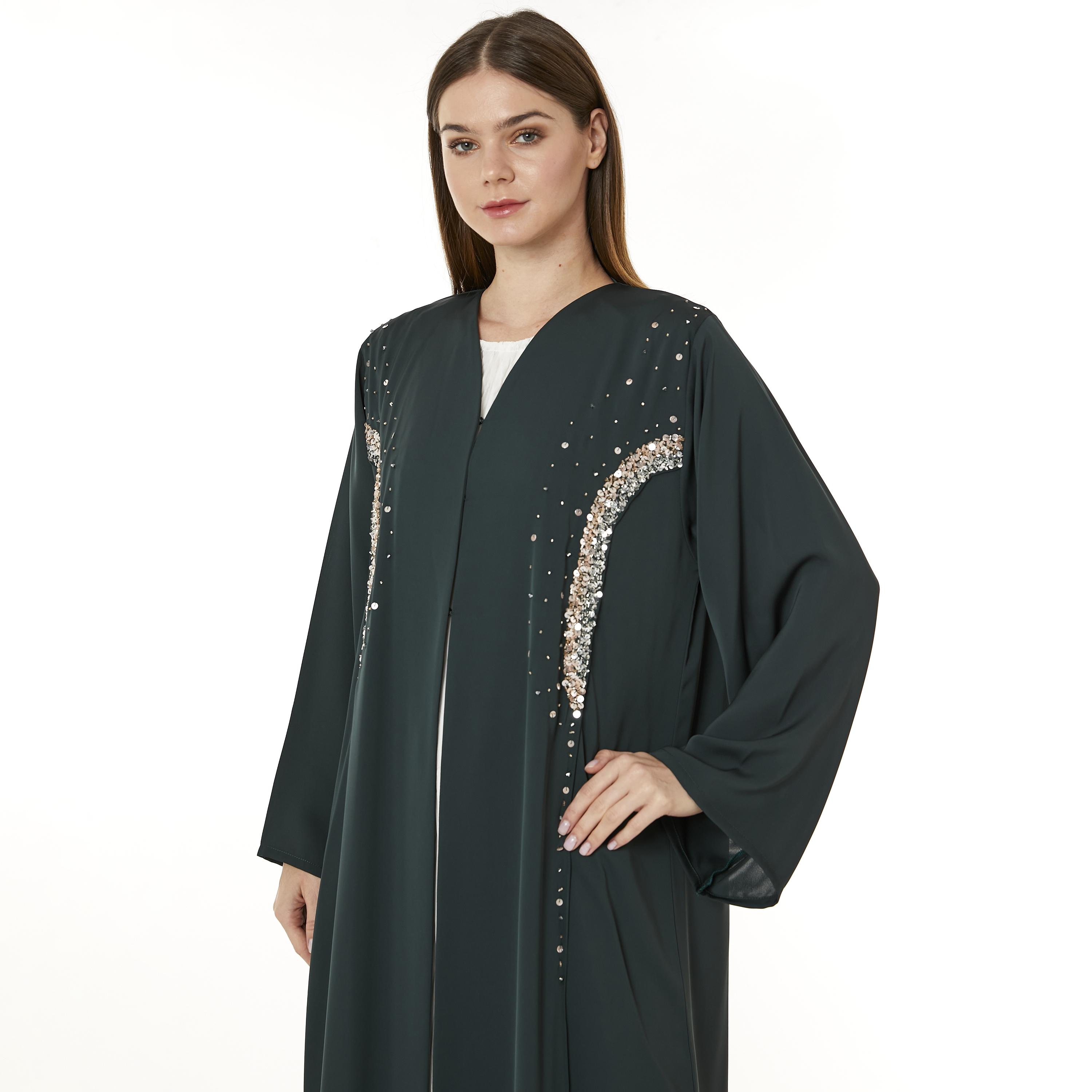 Moistreet Green Sequins Nida Women's Abaya with Hijab-women-arabicclothing-abayas-image-2