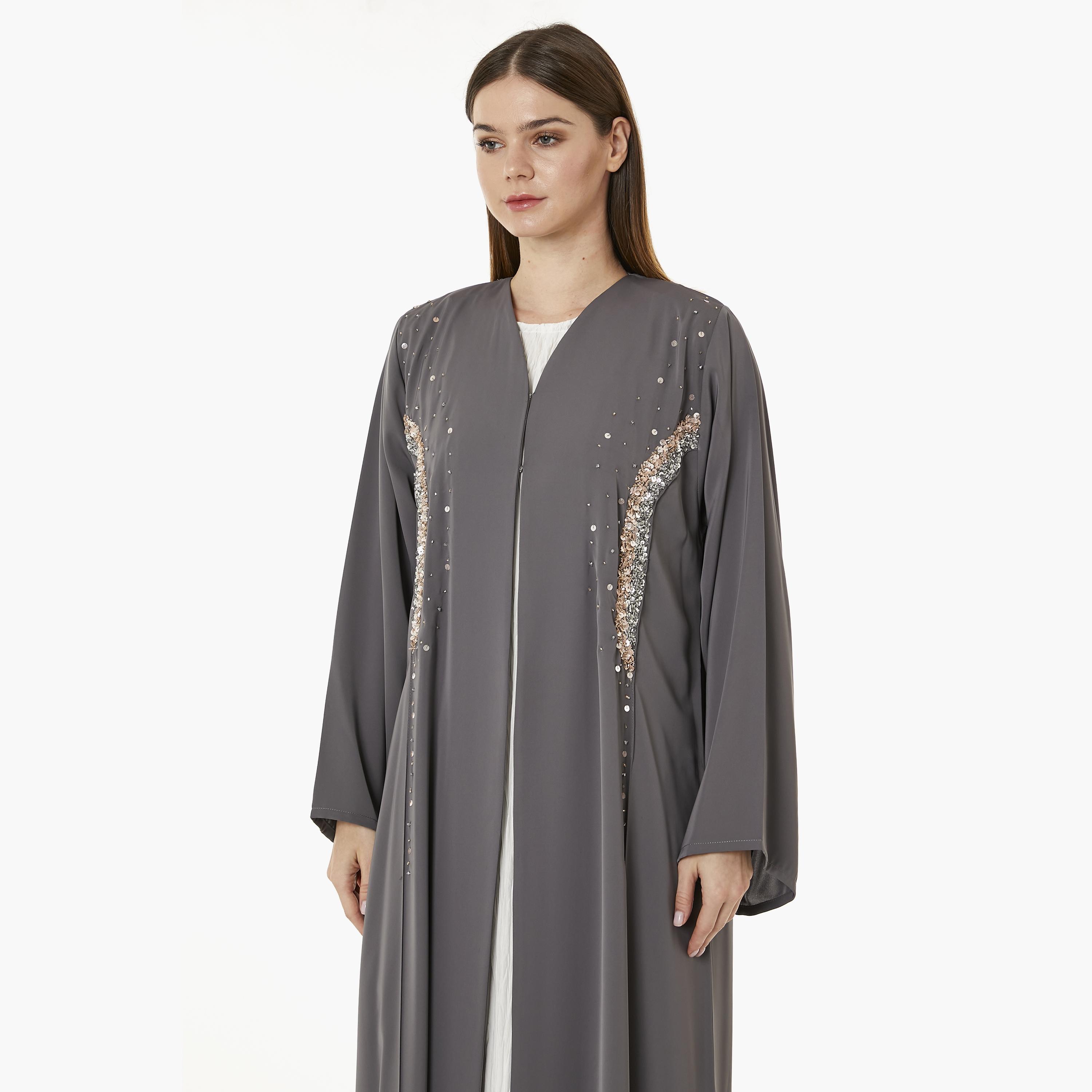 Moistreet Black Sequins Nida Women's Abaya with Hijab-women-arabicclothing-abayas-image-2