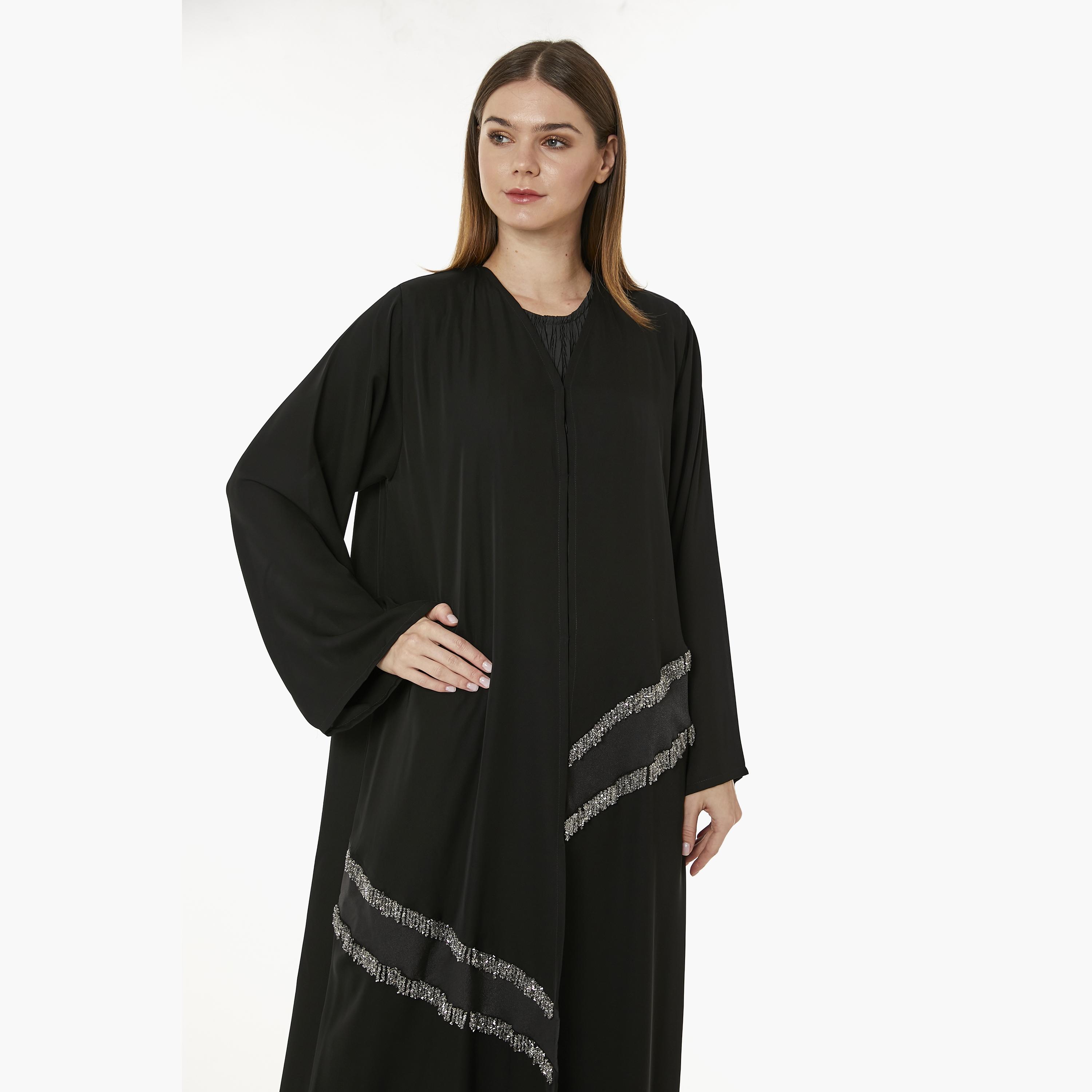 Moistreet Black Beaded Nida Women's Abaya with Hijab-women-arabicclothing-abayas-image-2