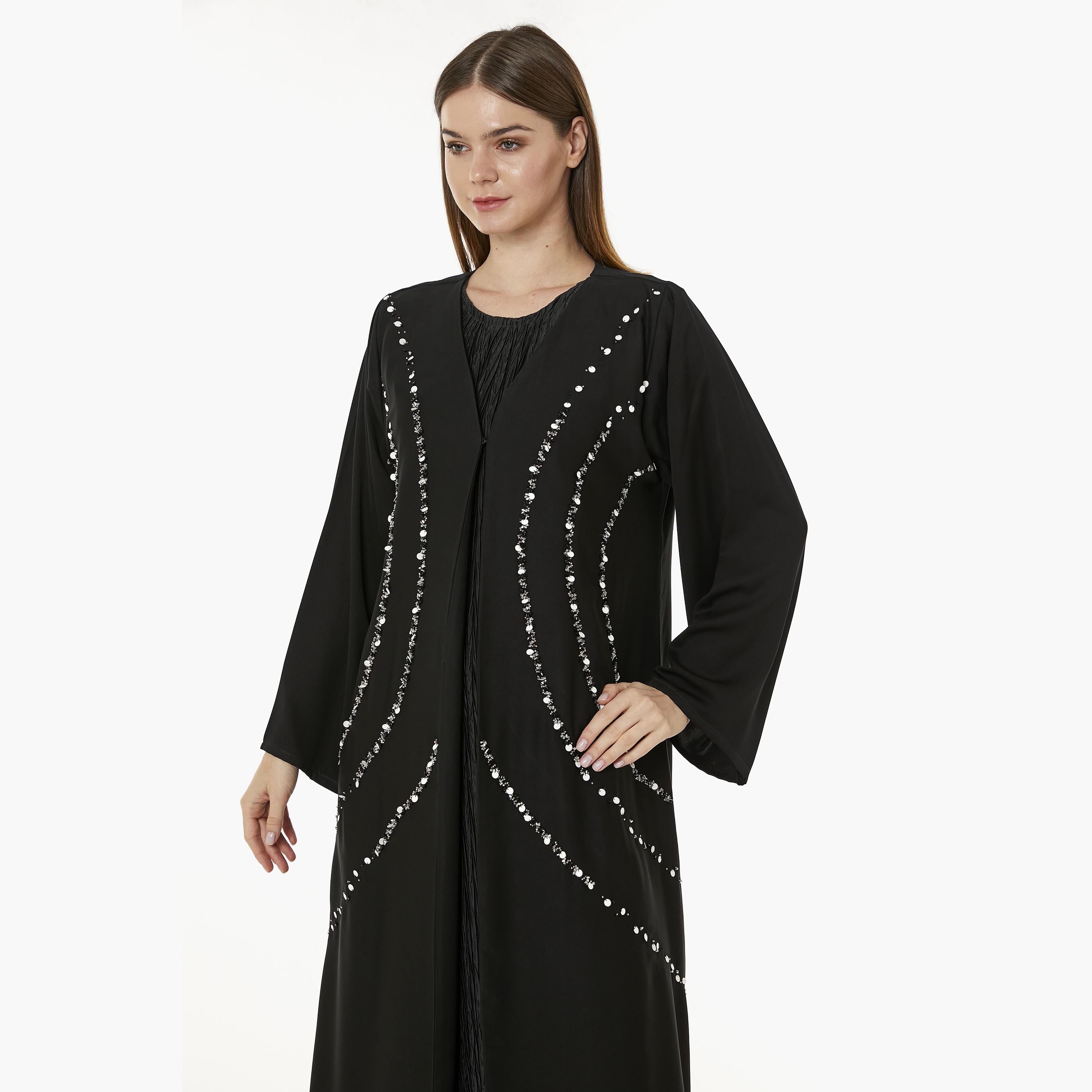 Moistreet Black Beaded Nida Women's Abaya with Hijab-women-arabicclothing-abayas-image-2