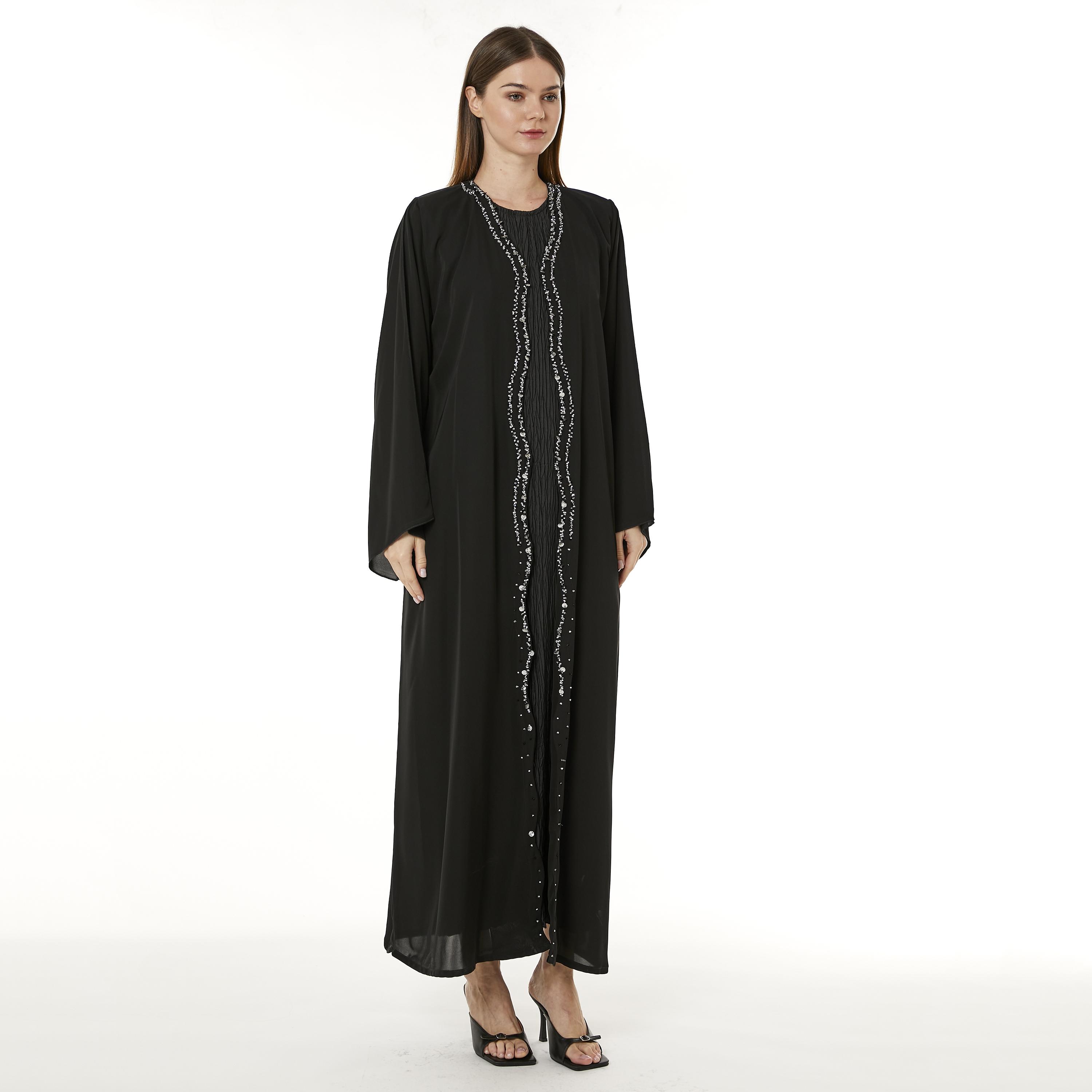 Moistreet Black Beaded Nida Open-Front Women's Abaya with Hijab-women-arabicclothing-abayas-image-1