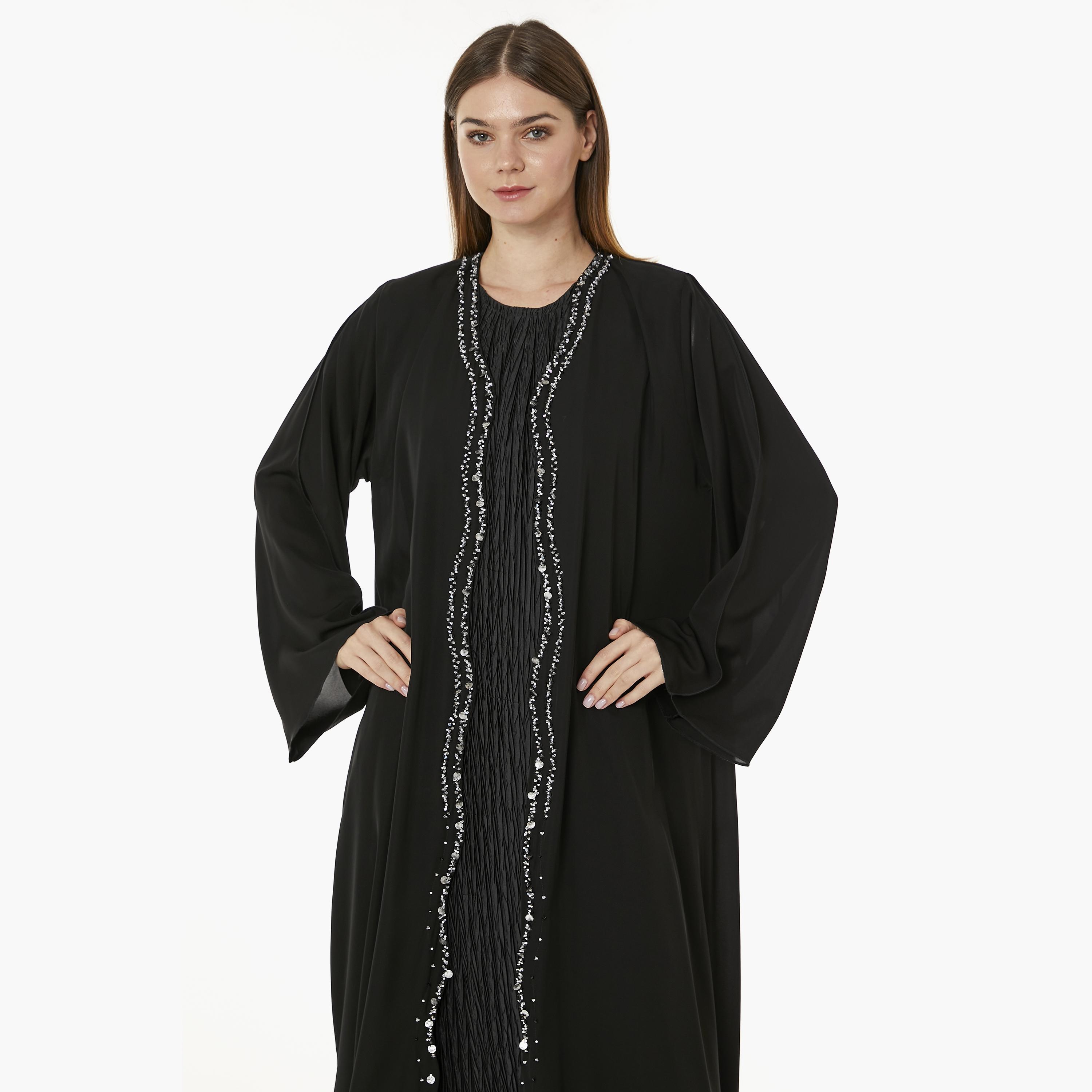 Moistreet Black Beaded Nida Open-Front Women's Abaya with Hijab-women-arabicclothing-abayas-image-2