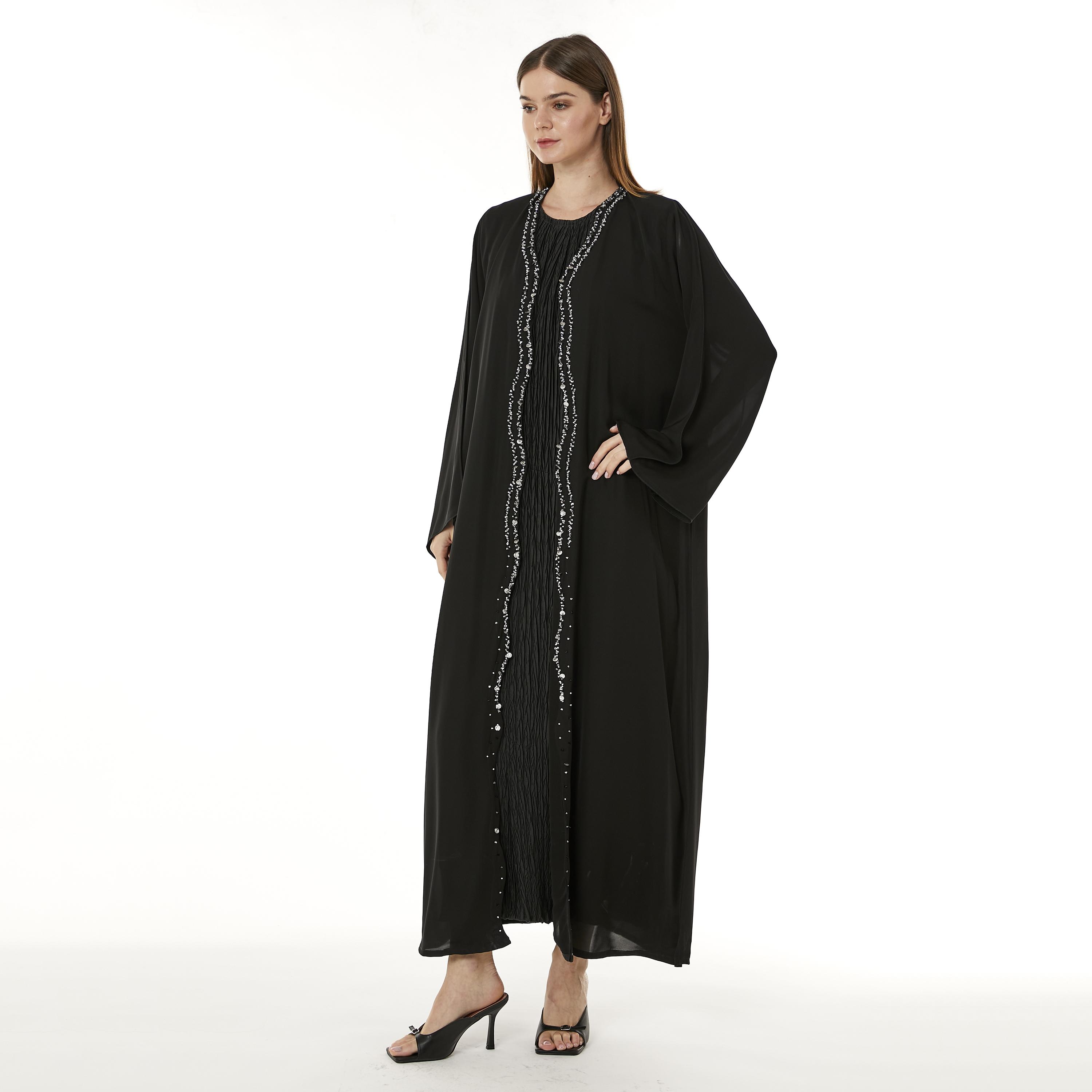 Moistreet Black Beaded Nida Open-Front Women's Abaya with Hijab-women-arabicclothing-abayas-image-3