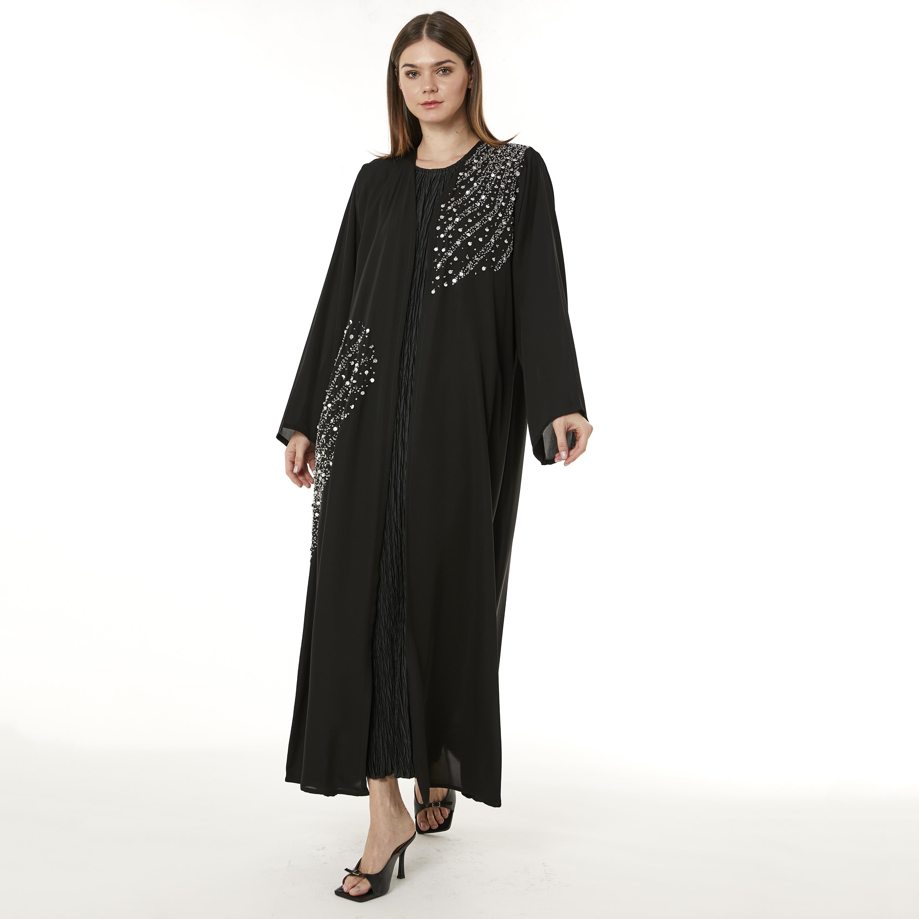  عباية نيدا سوداء مطرزة بالخرز مفتوحة من الأمام مع حجاب للنساء من مويستريت-women-arabicclothing-abayas-image-1