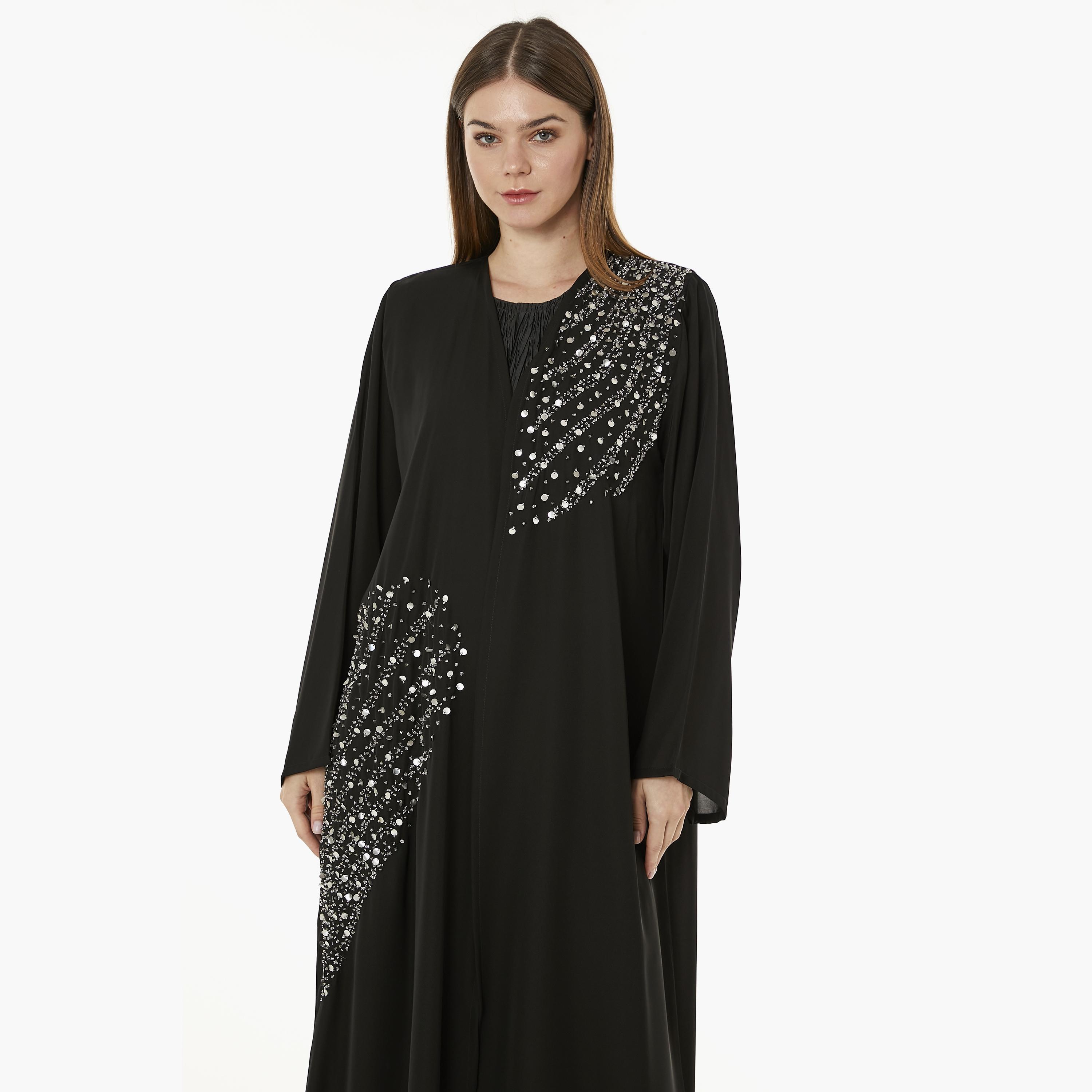  عباية نيدا سوداء مطرزة بالخرز مفتوحة من الأمام مع حجاب للنساء من مويستريت-women-arabicclothing-abayas-image-2