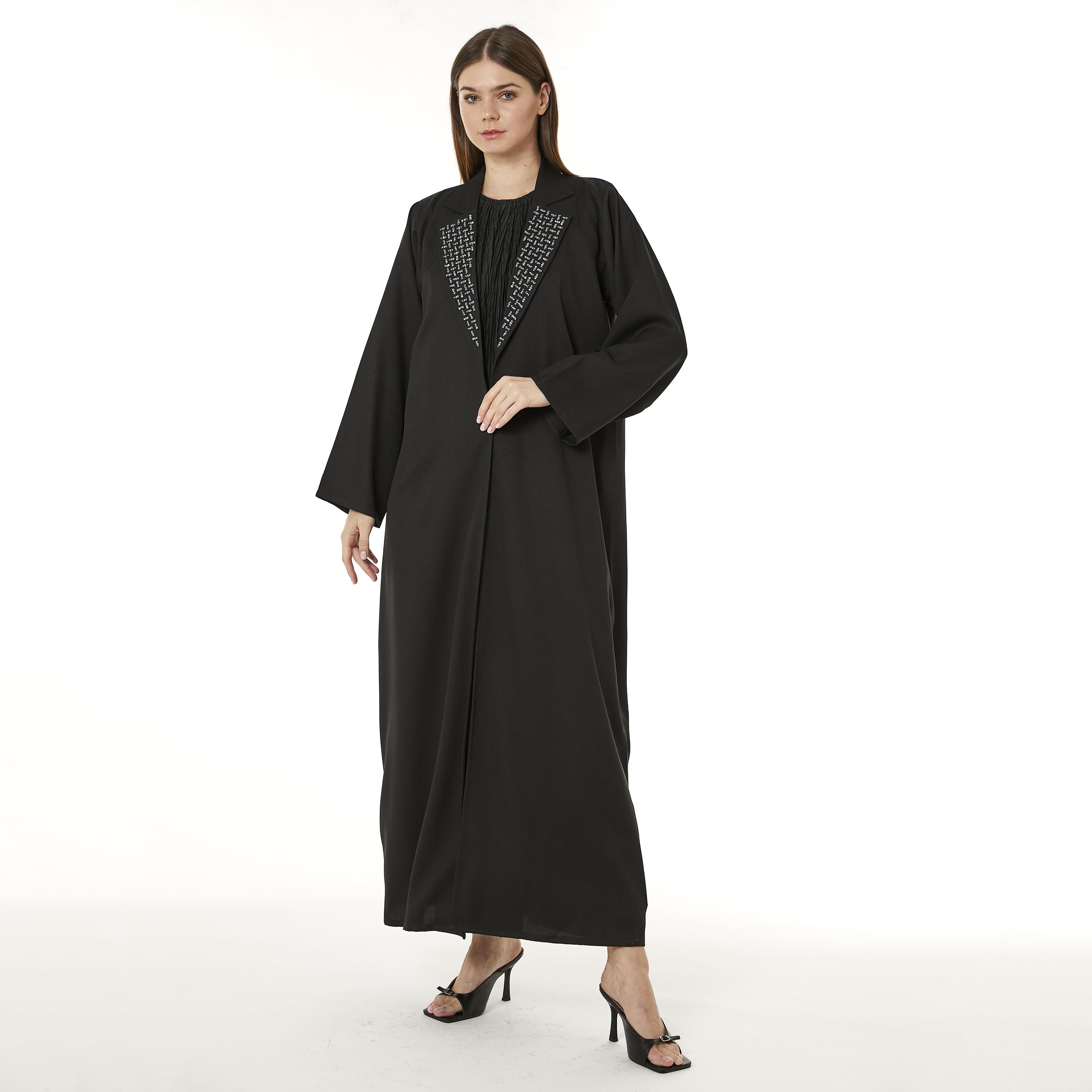 Moistreet Black Crepe Notched Collar Women's Abaya with Hijab-women-arabicclothing-abayas-image-1