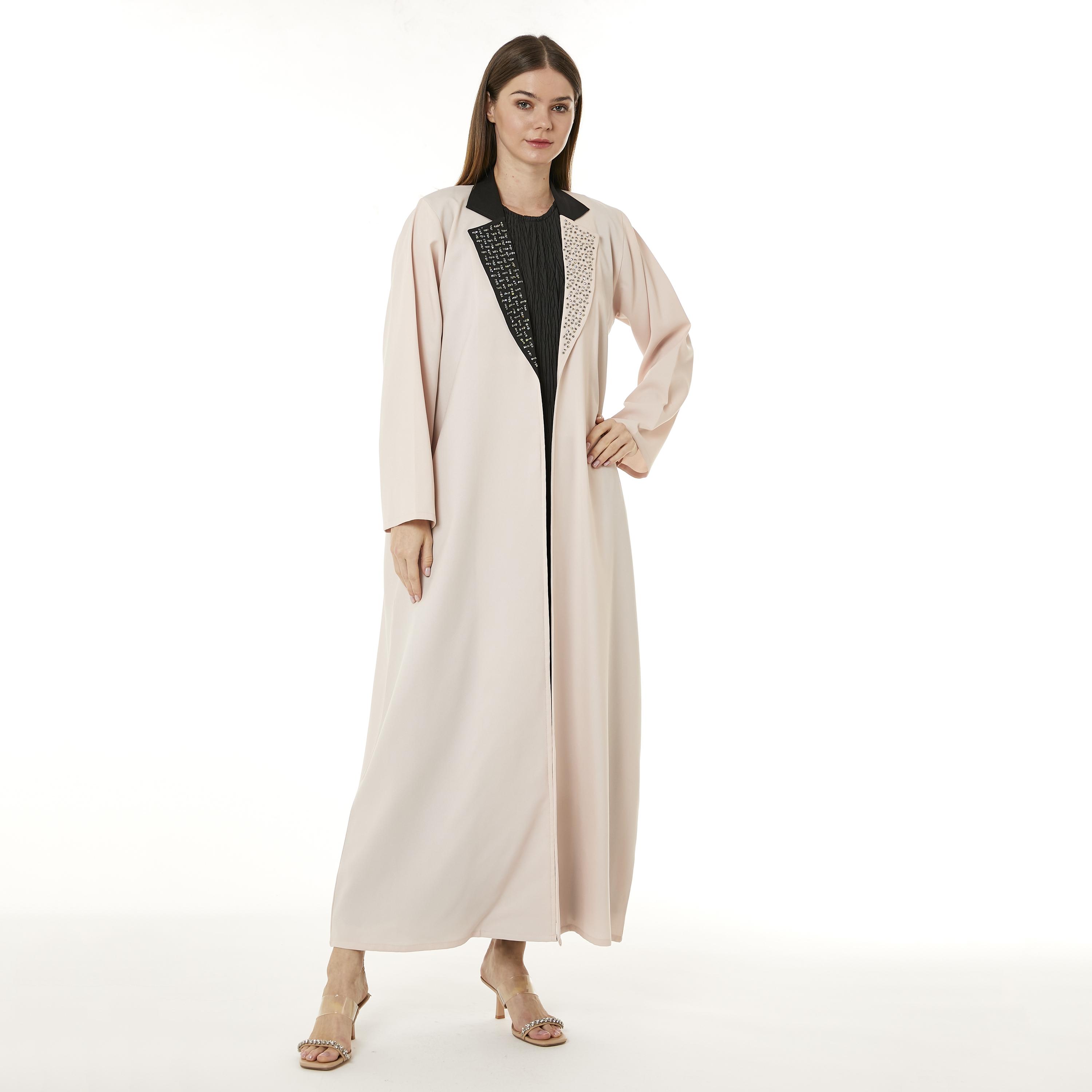 Moistreet Peach Crepe Notched Collar Women's Abaya with Hijab-women-arabicclothing-abayas-image-1