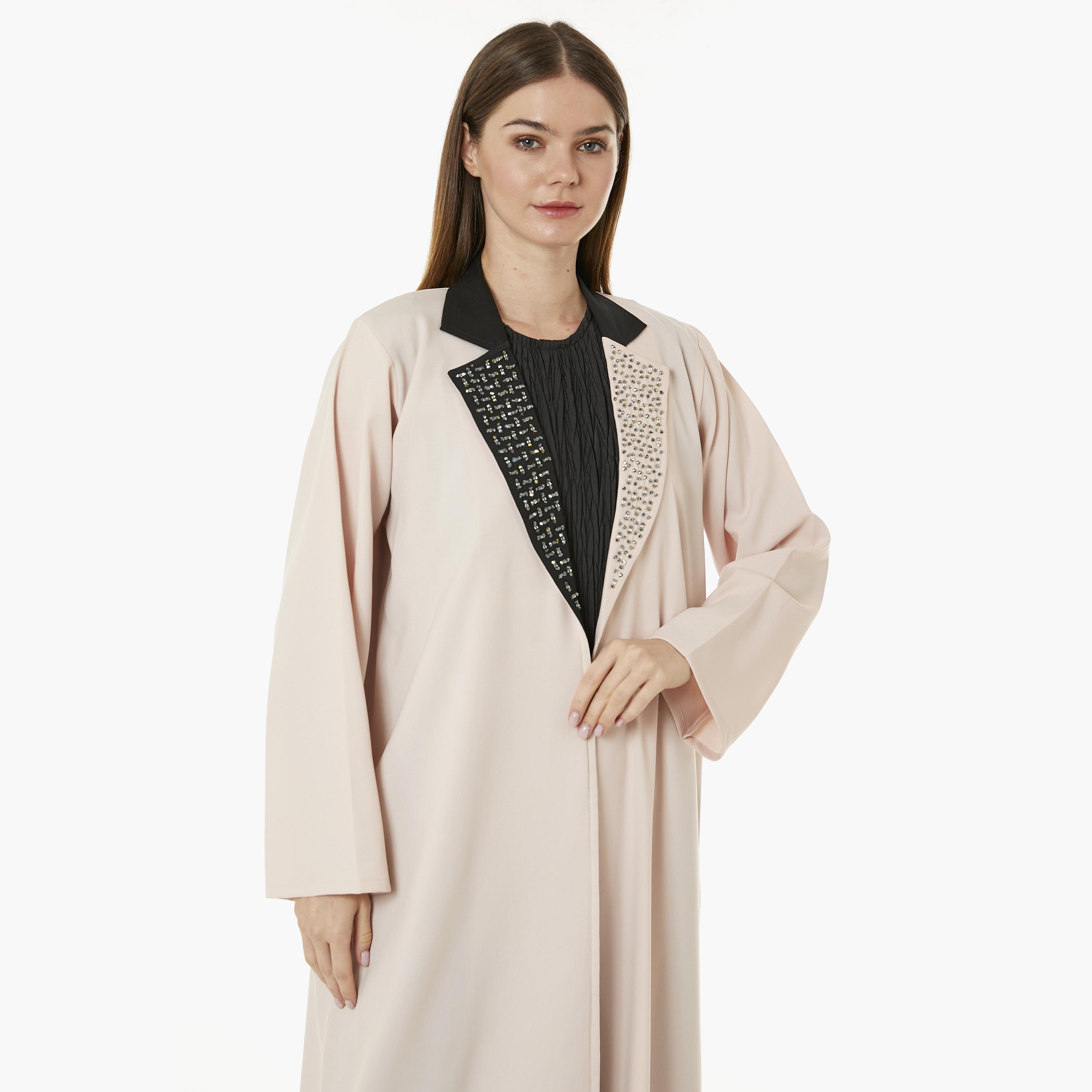 Moistreet Peach Crepe Notched Collar Women's Abaya with Hijab-women-arabicclothing-abayas-image-2