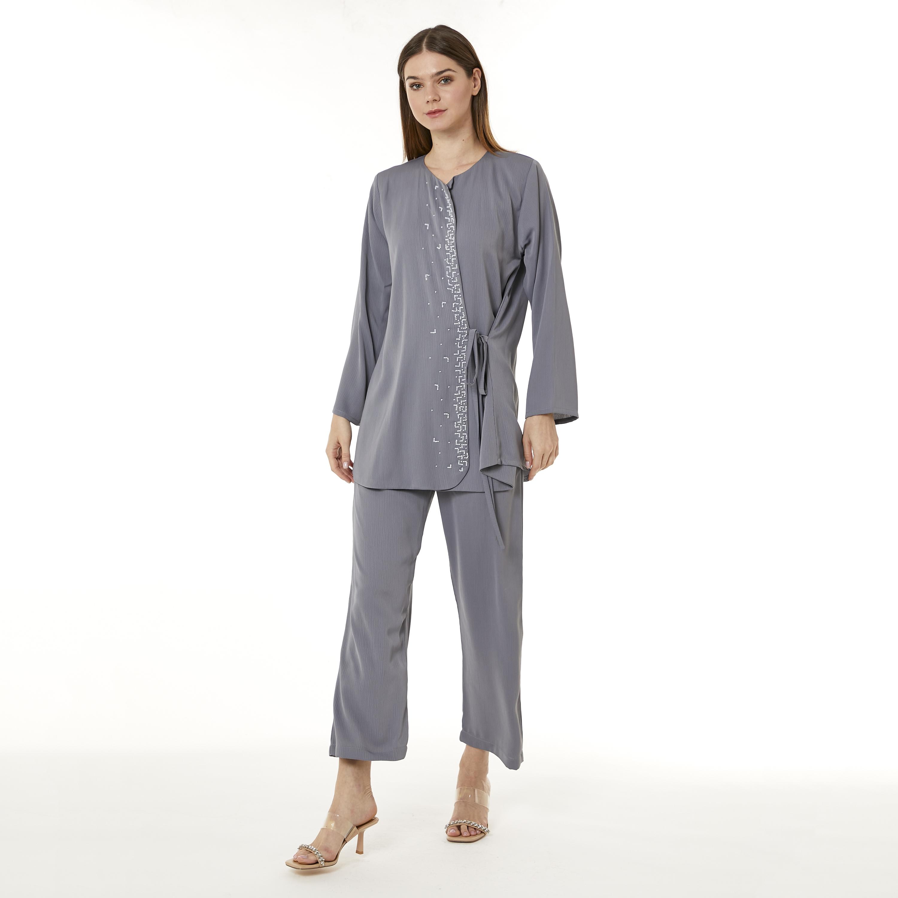 Moistreet 2-Piece Set Grey Beaded Zoom Fabric Women's Top with Pants-women-arabicclothing-abayainner-image-1