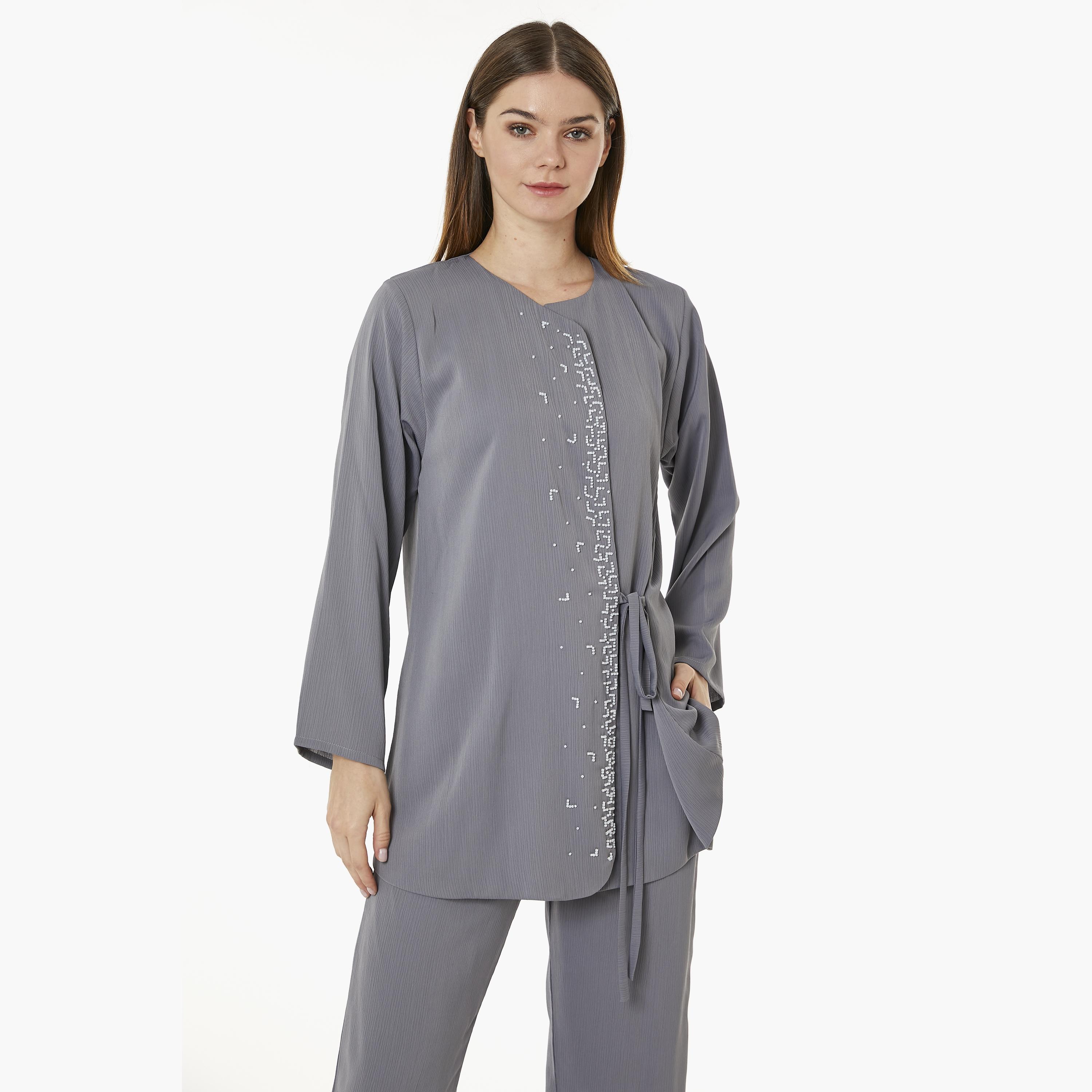 Moistreet 2-Piece Set Grey Beaded Zoom Fabric Women's Top with Pants-women-arabicclothing-abayainner-image-2