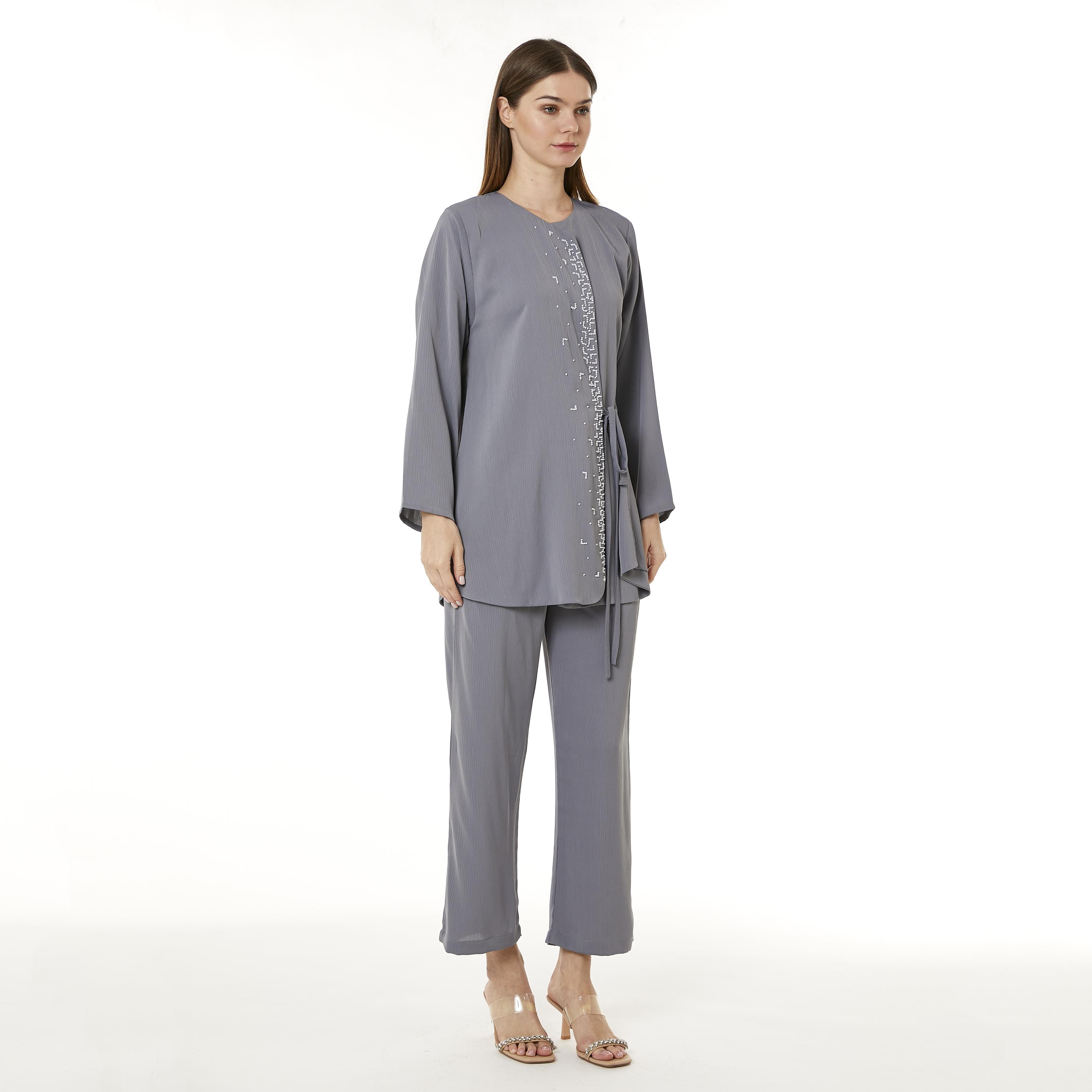 Moistreet 2-Piece Set Grey Beaded Zoom Fabric Women's Top with Pants-women-arabicclothing-abayainner-image-3