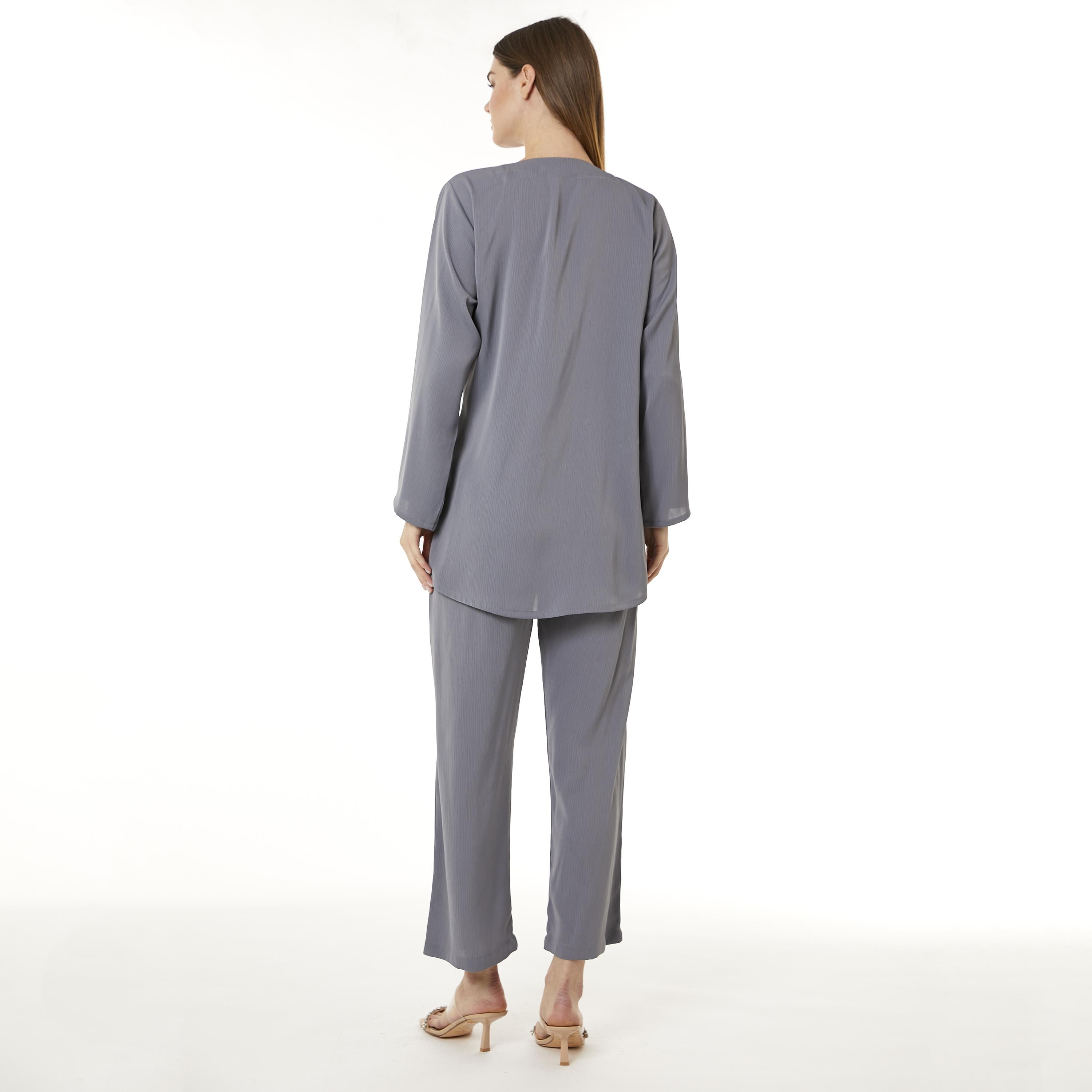 Moistreet 2-Piece Set Grey Beaded Zoom Fabric Women's Top with Pants-women-arabicclothing-abayainner-image-4