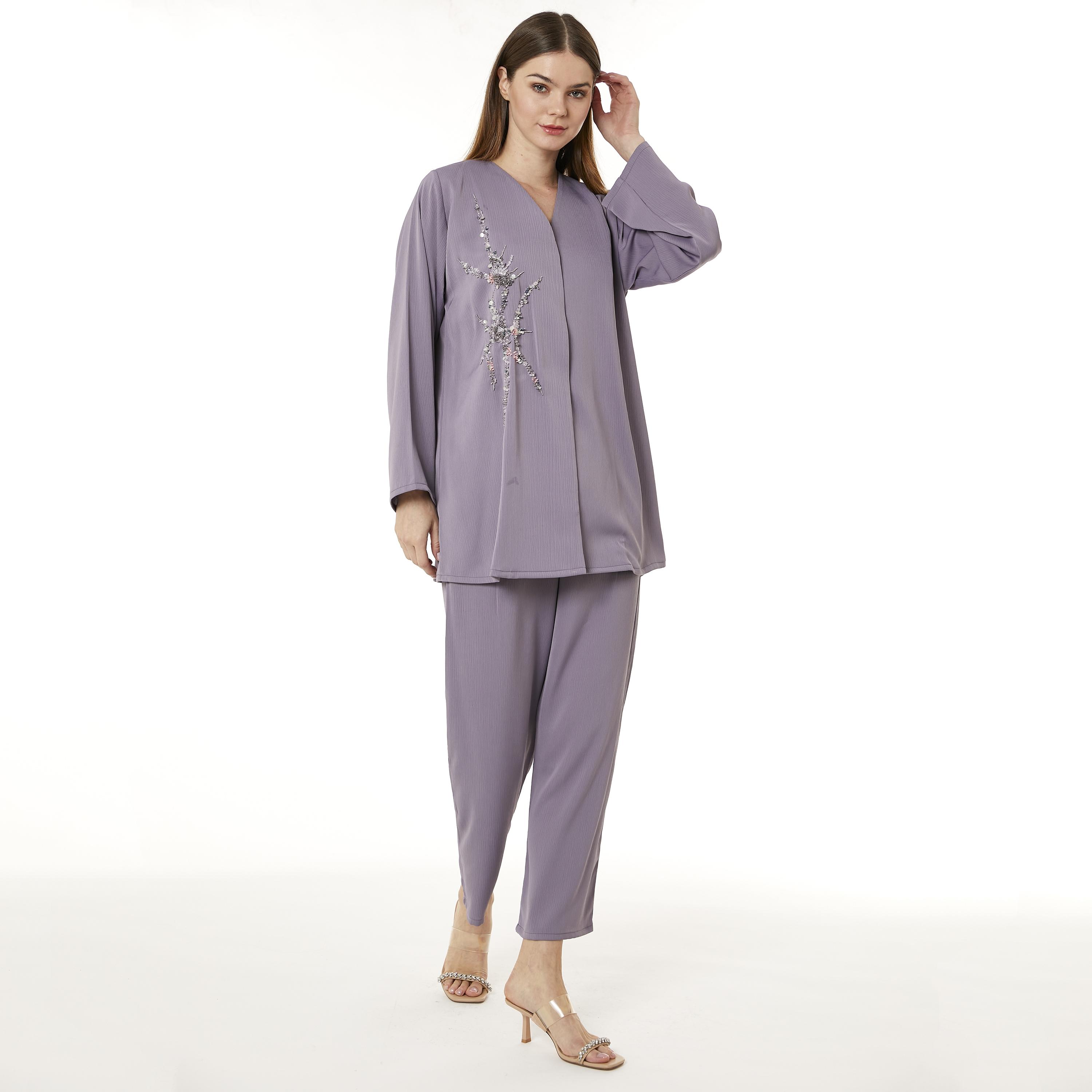 Moistreet 2-Piece Set Purple Beaded Zoom Fabric Women's Top with Pants-women-arabicclothing-abayainner-image-1