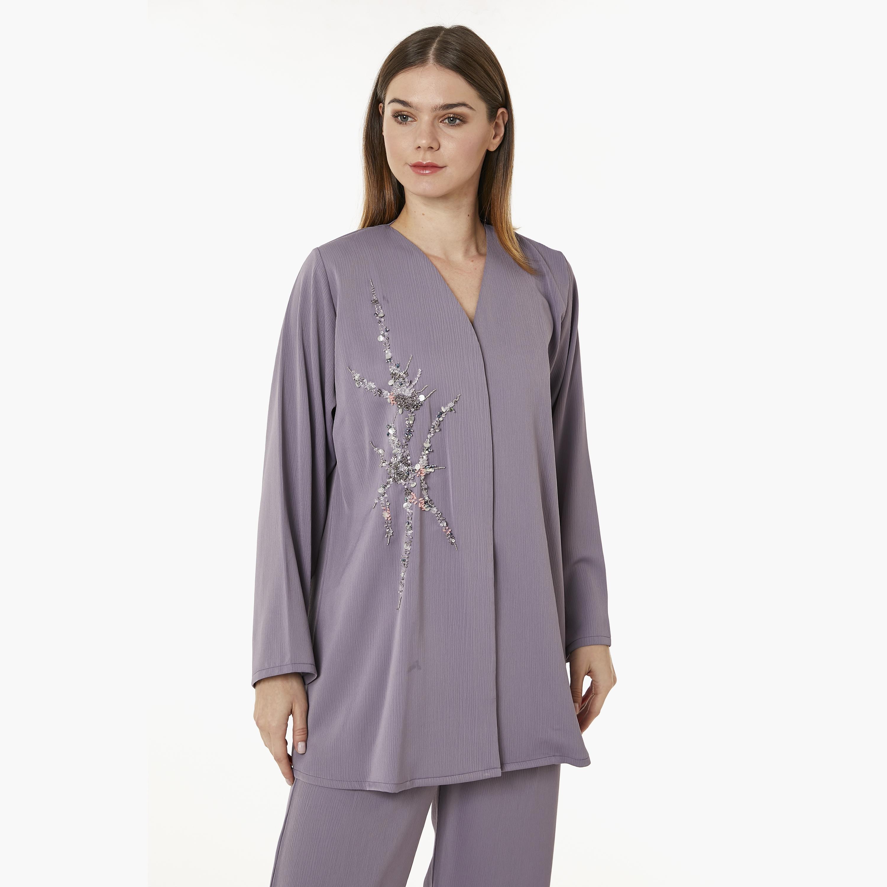 Moistreet 2-Piece Set Purple Beaded Zoom Fabric Women's Top with Pants-women-arabicclothing-abayainner-image-2