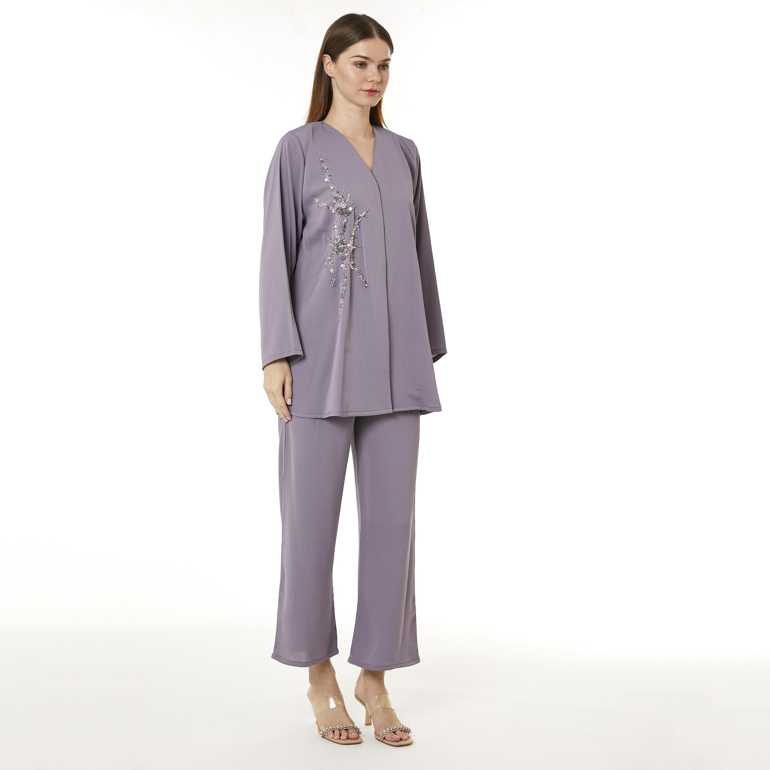 Moistreet 2-Piece Set Purple Beaded Zoom Fabric Women's Top with Pants-women-arabicclothing-abayainner-image-3