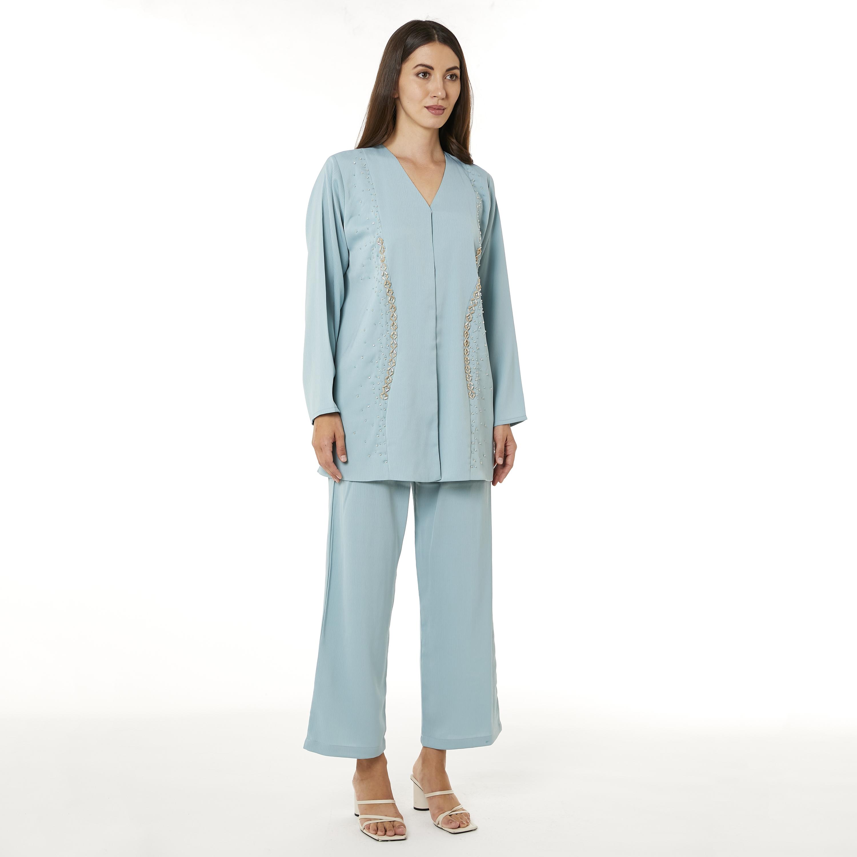 Moistreet 2-Piece Set Light Blue Beaded Zoom Fabric Women's Top with Pants-women-arabicclothing-abayainner-image-1