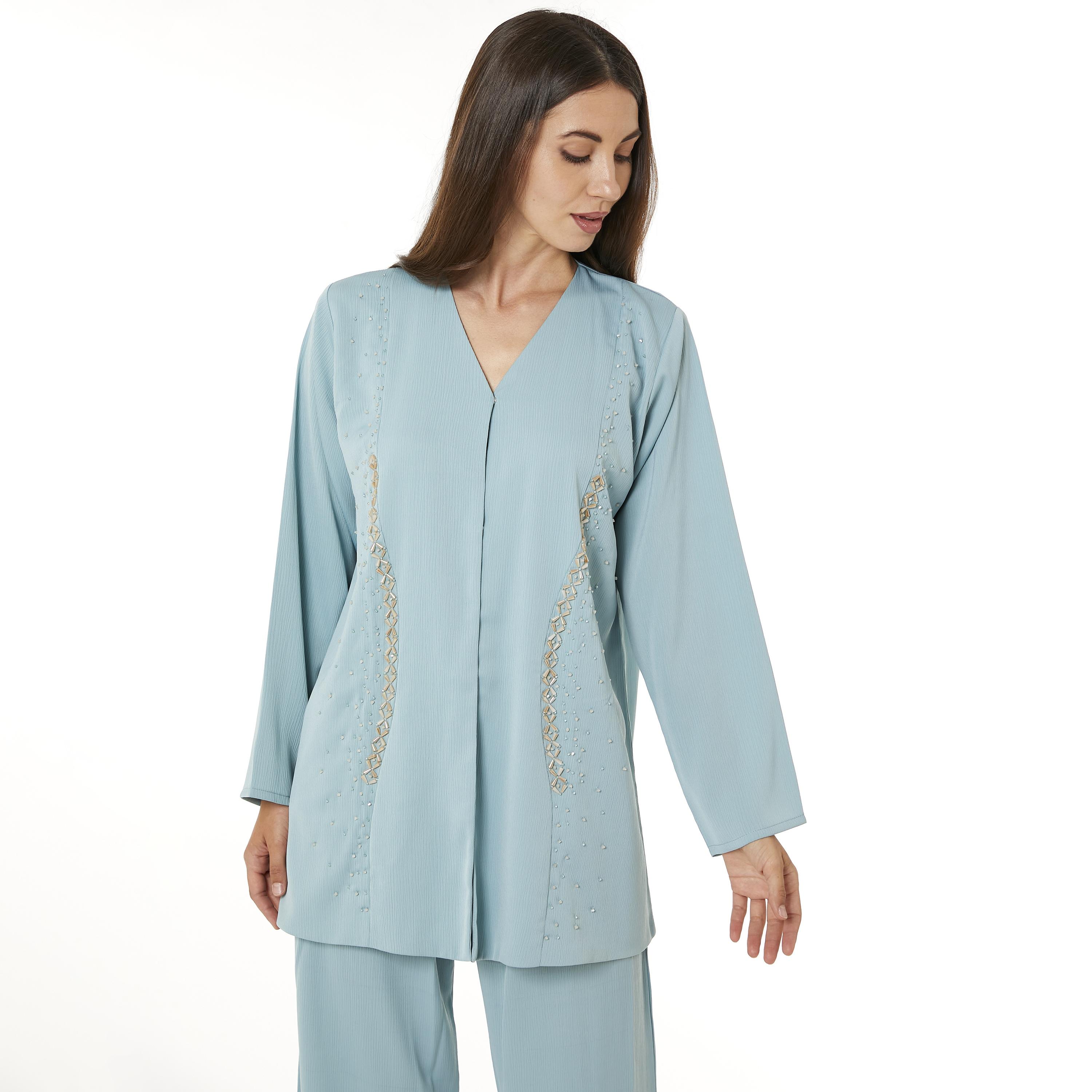 Moistreet 2-Piece Set Light Blue Beaded Zoom Fabric Women's Top with Pants-women-arabicclothing-abayainner-image-2