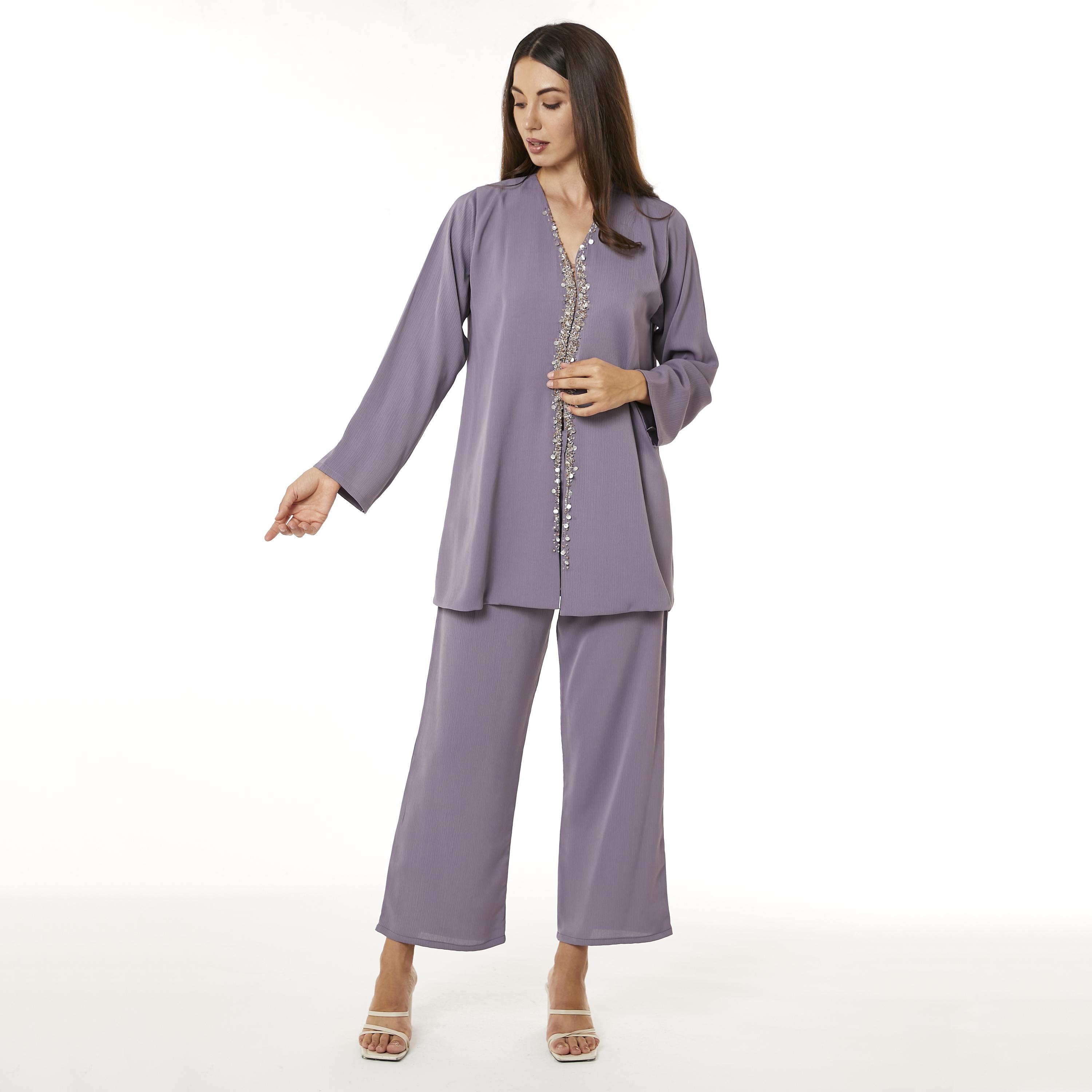 Moistreet 2-Piece Set Purple Beaded Zoom Fabric Women's Top with Pants-women-arabicclothing-abayainner-image-1