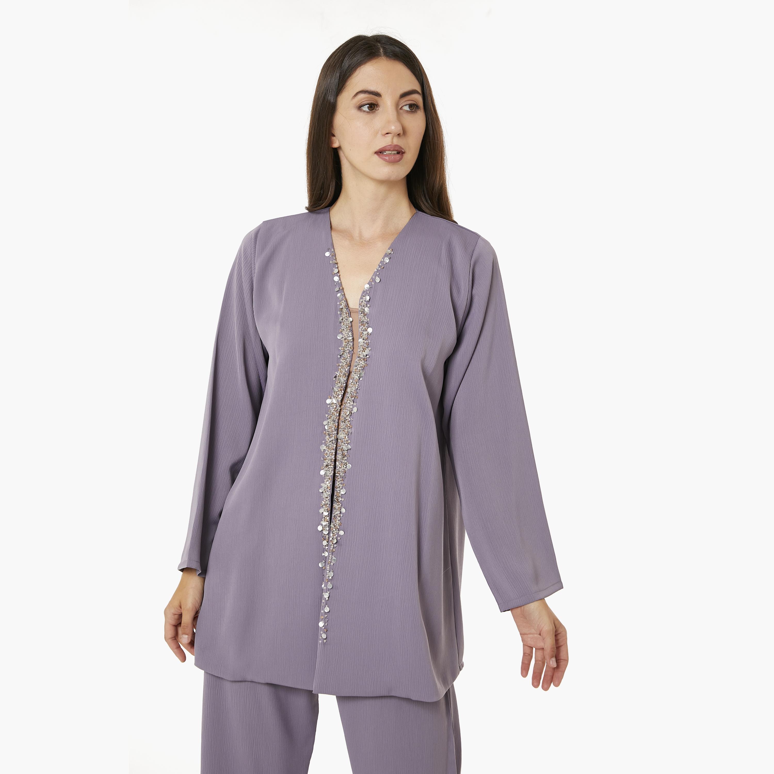 Moistreet 2-Piece Set Purple Beaded Zoom Fabric Women's Top with Pants-women-arabicclothing-abayainner-image-2
