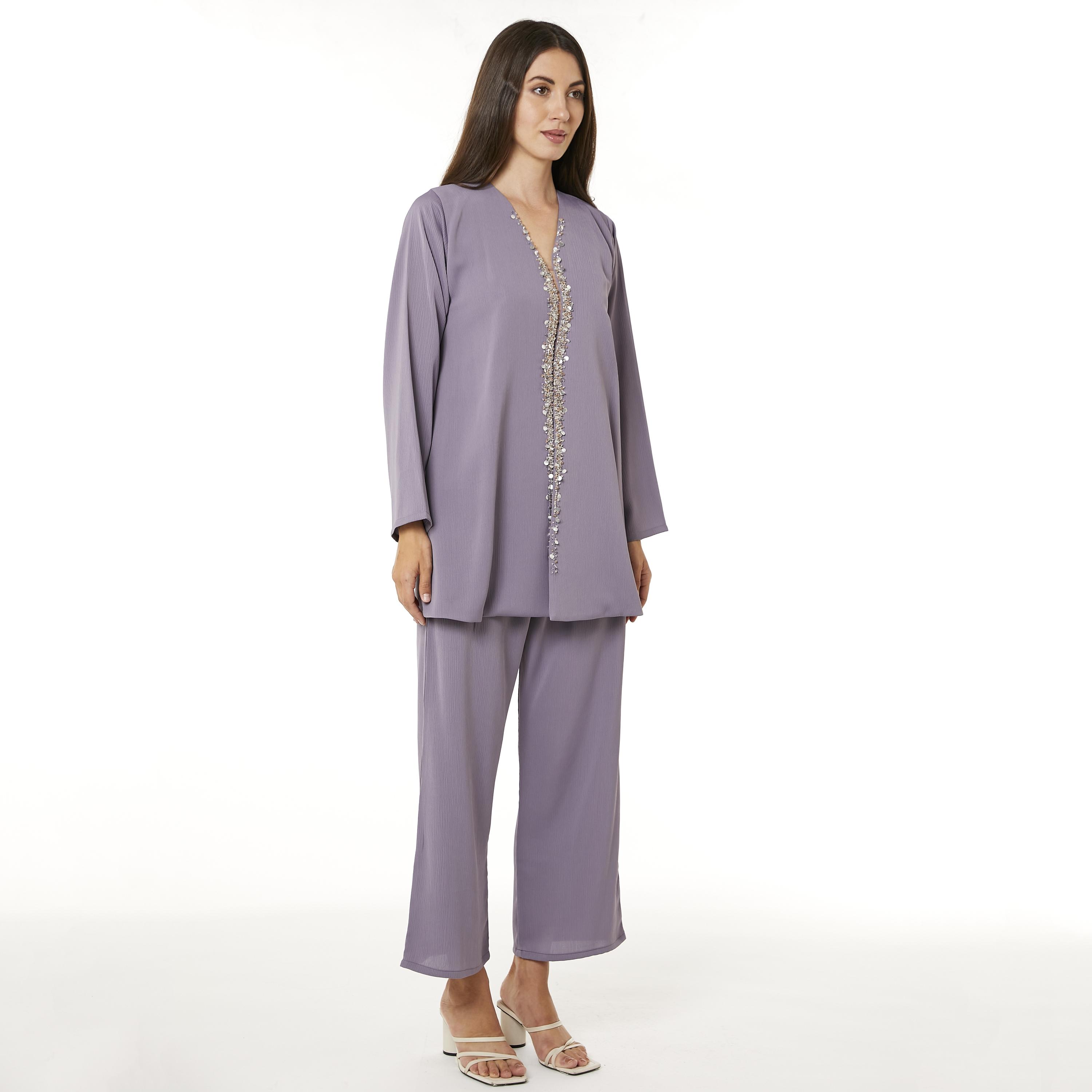 Moistreet 2-Piece Set Purple Beaded Zoom Fabric Women's Top with Pants-women-arabicclothing-abayainner-image-3