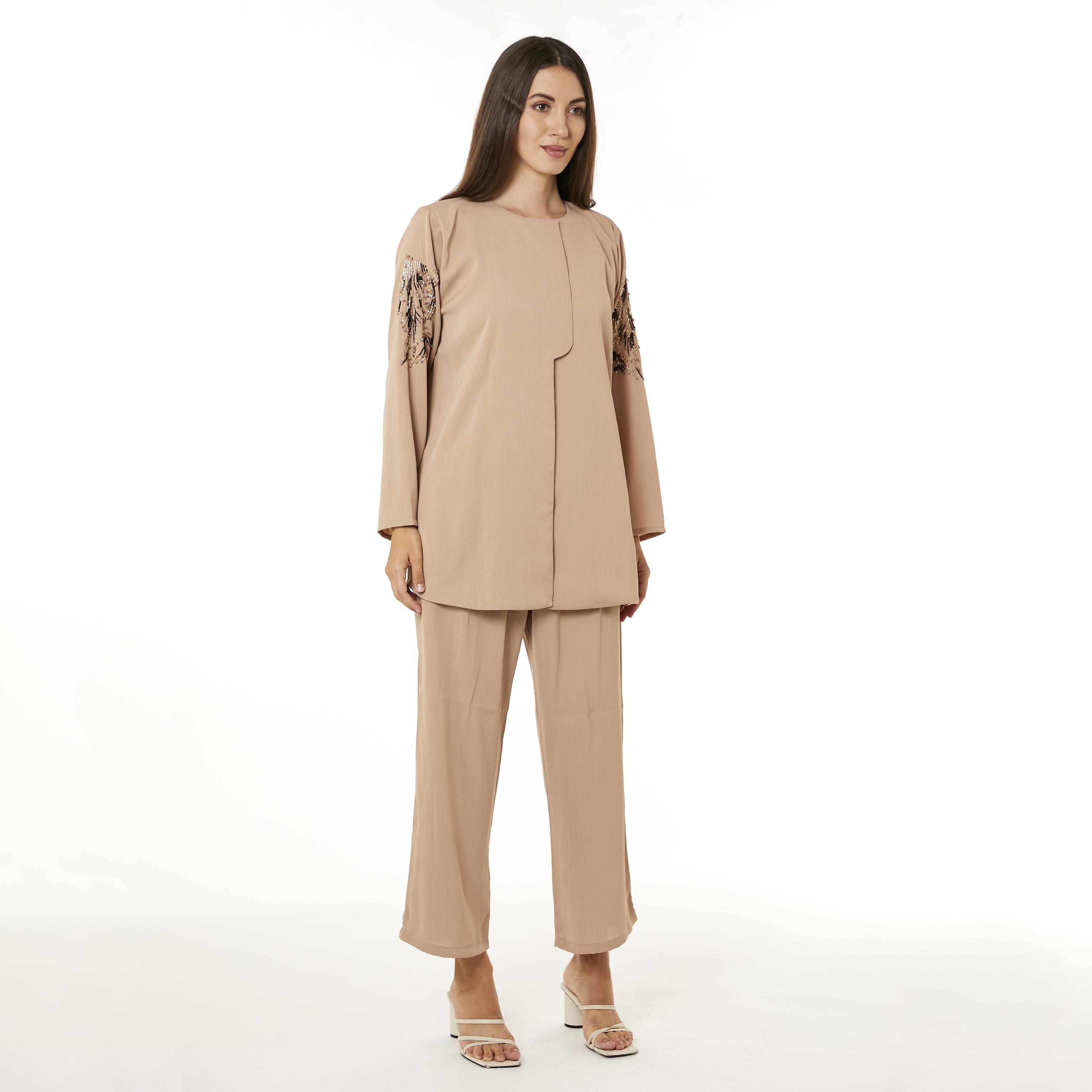 Moistreet 2-Piece Set Beige Beaded Zoom Fabric Women's Top with Pants-women-arabicclothing-abayainner-image-1