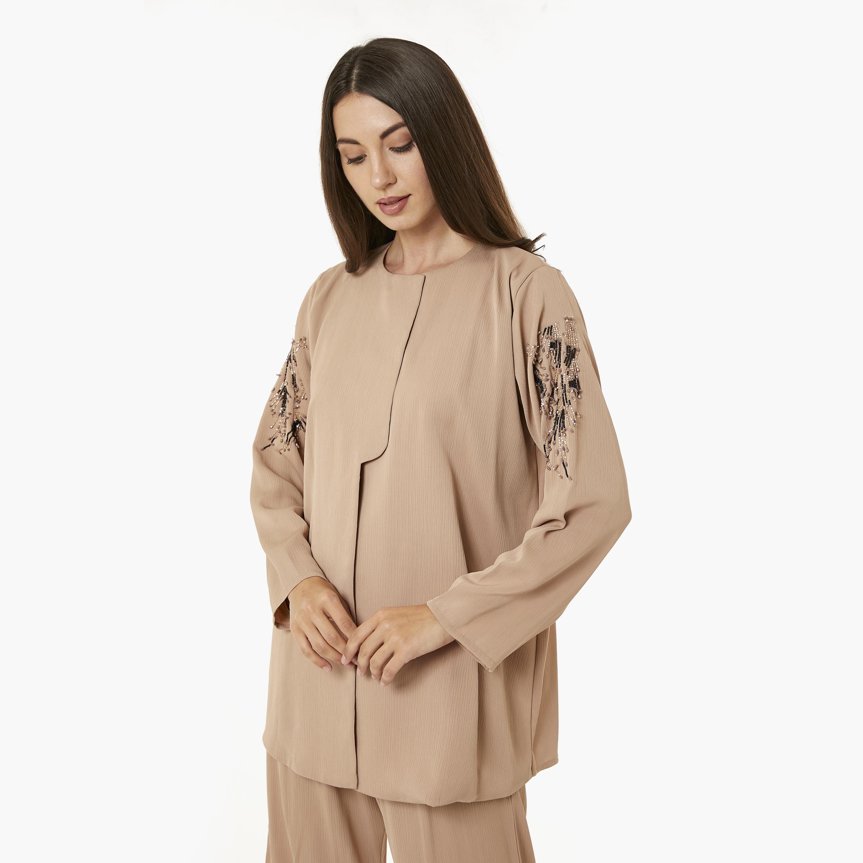 Moistreet 2-Piece Set Beige Beaded Zoom Fabric Women's Top with Pants-women-arabicclothing-abayainner-image-2