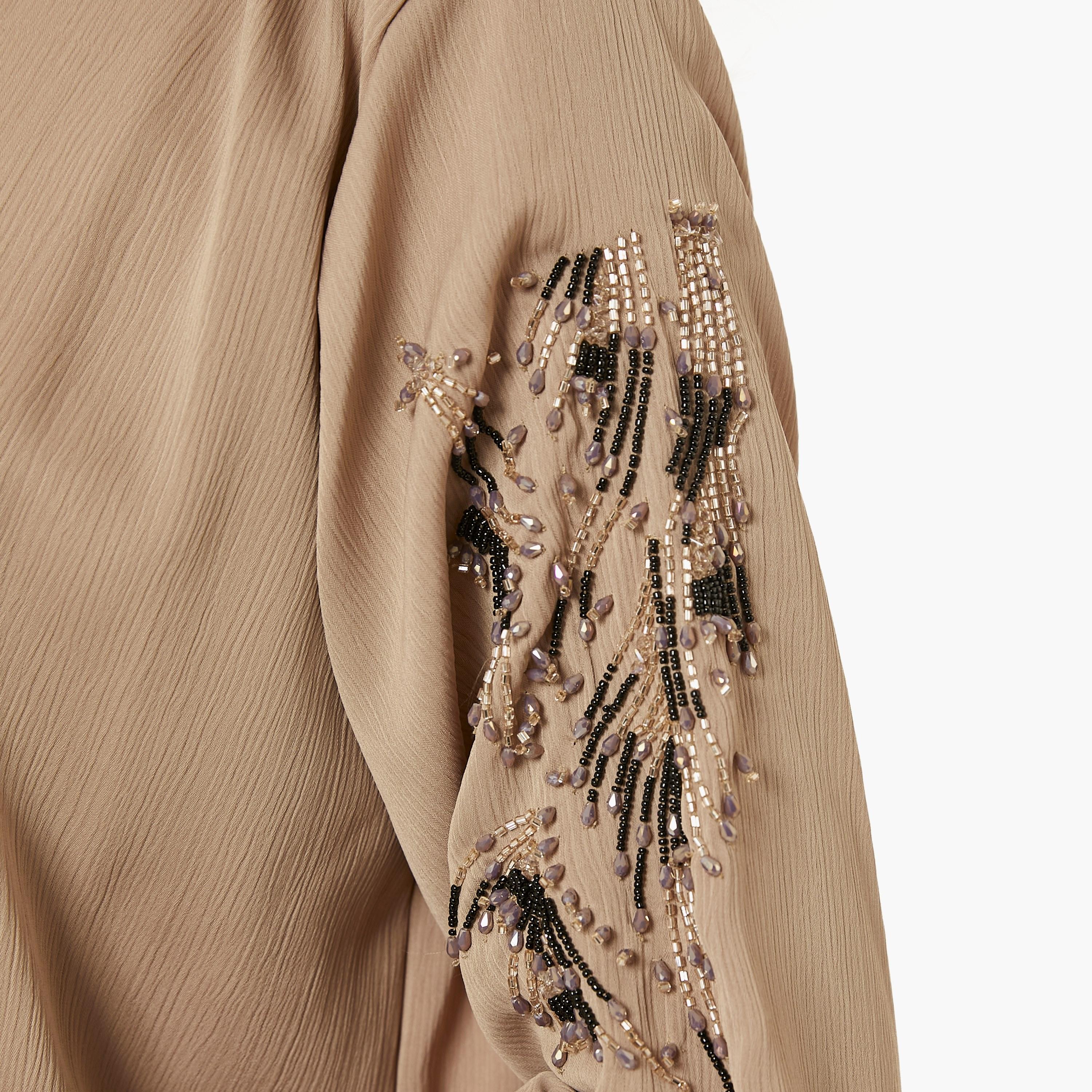 Moistreet 2-Piece Set Beige Beaded Zoom Fabric Women's Top with Pants-women-arabicclothing-abayainner-image-3