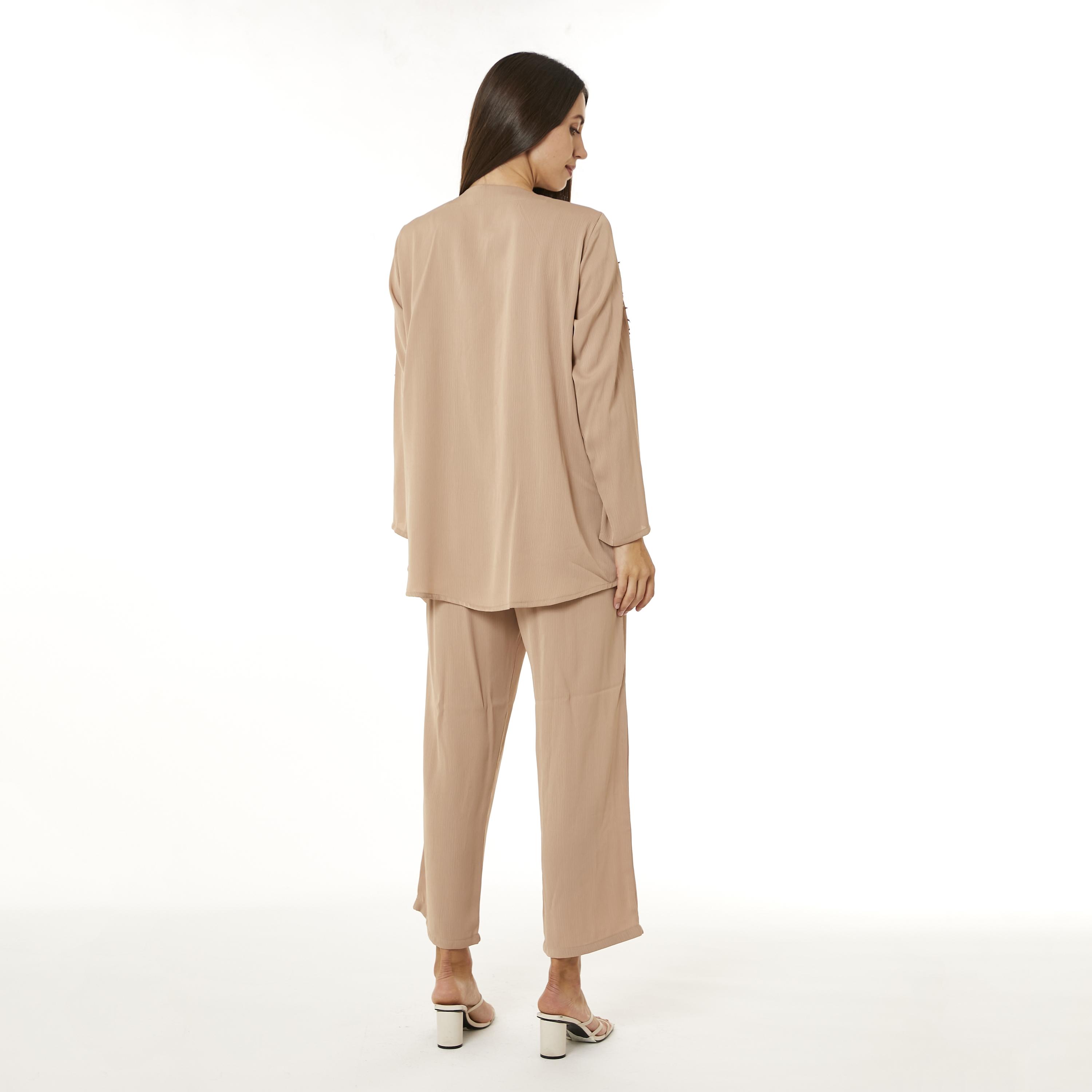 Moistreet 2-Piece Set Beige Beaded Zoom Fabric Women's Top with Pants-women-arabicclothing-abayainner-image-4