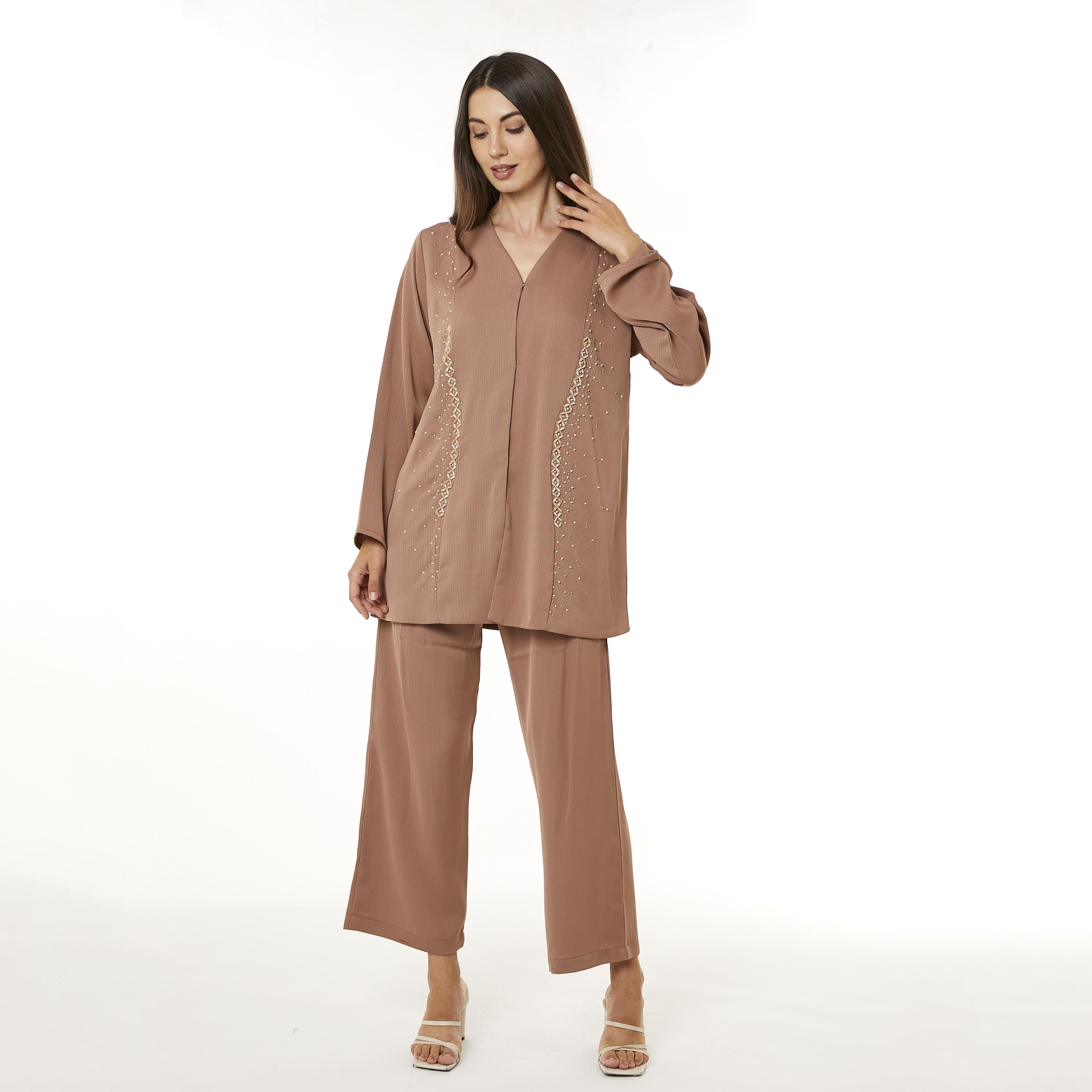 Moistreet 2-Piece Set Brown Beaded Zoom Fabric Women's Top with Pants-women-arabicclothing-abayainner-image-1