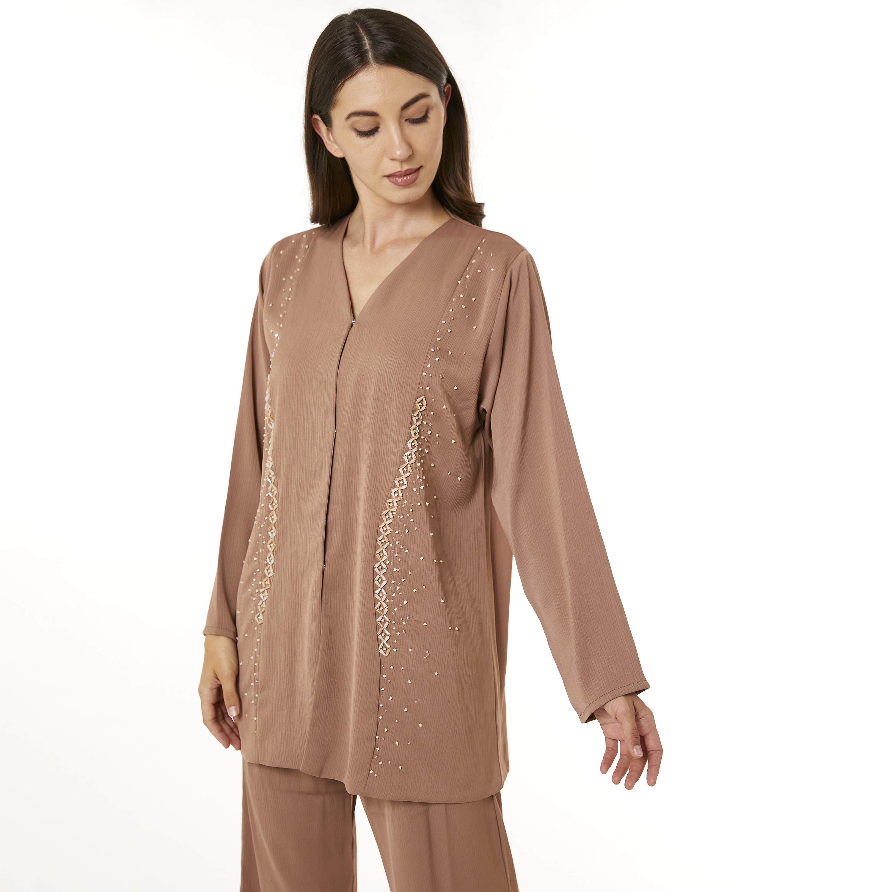Moistreet 2-Piece Set Brown Beaded Zoom Fabric Women's Top with Pants-women-arabicclothing-abayainner-image-2