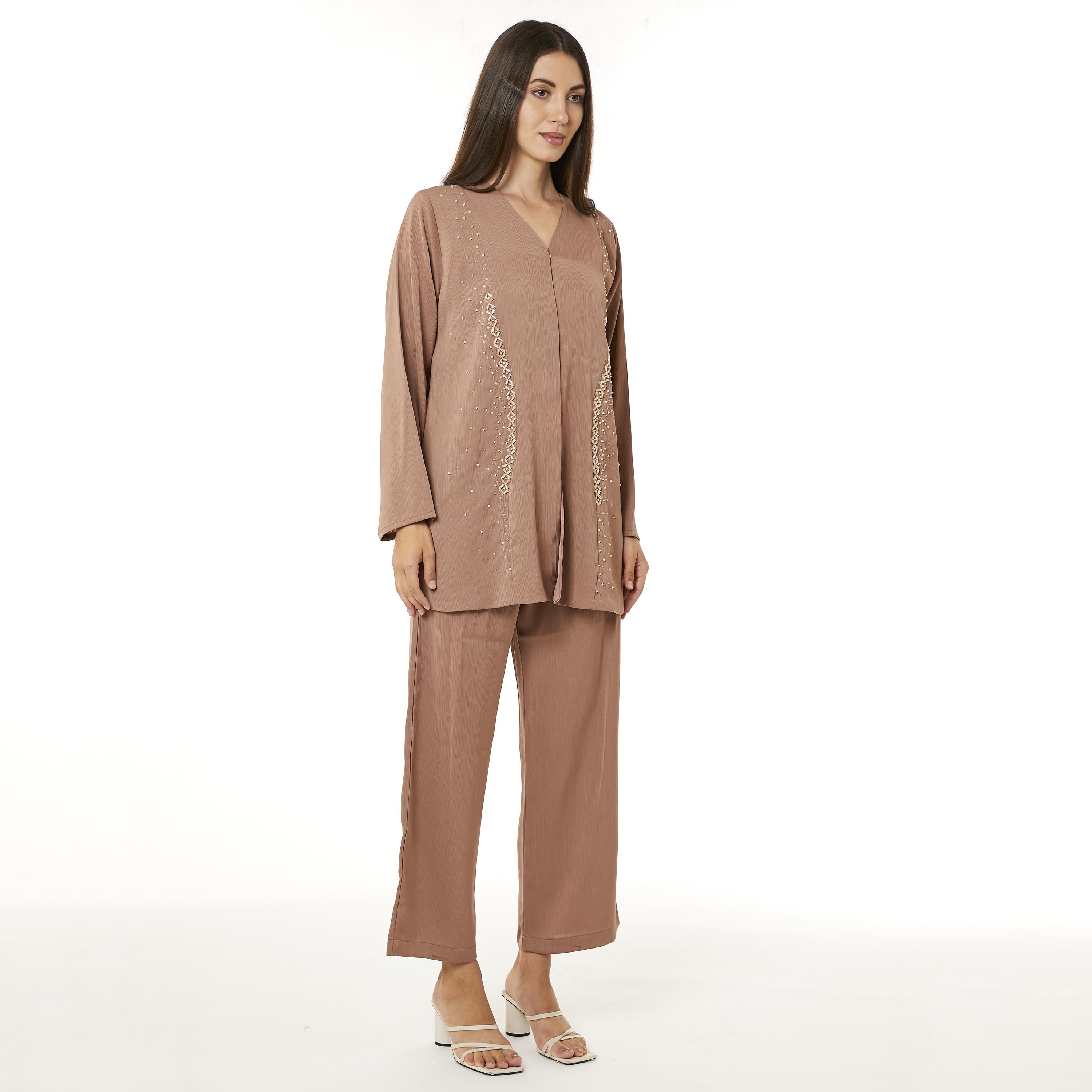 Moistreet 2-Piece Set Brown Beaded Zoom Fabric Women's Top with Pants-women-arabicclothing-abayainner-image-3