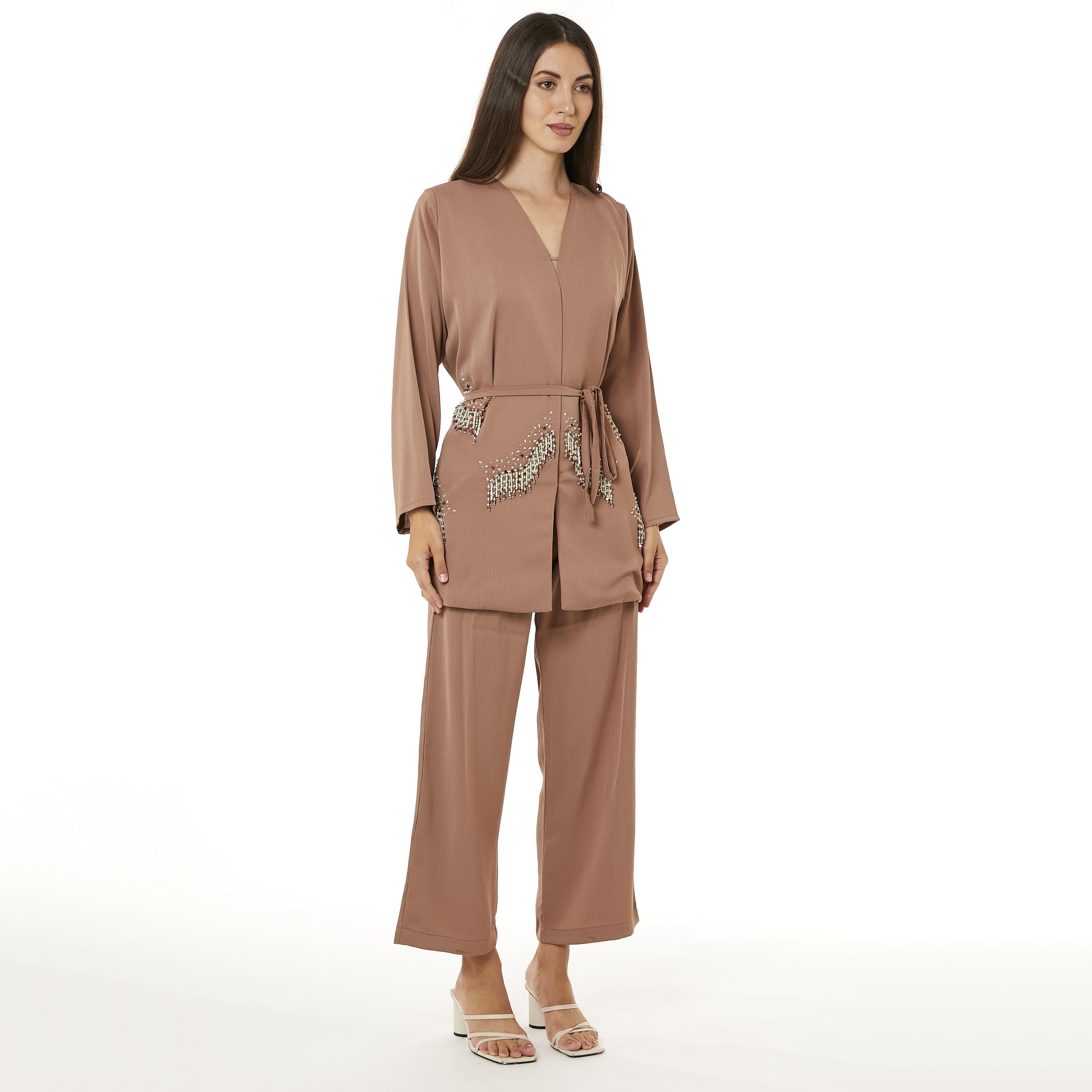 Moistreet 2-Piece Set Brown Beaded Zoom Fabric Women's Top with Pants-women-arabicclothing-abayainner-image-1