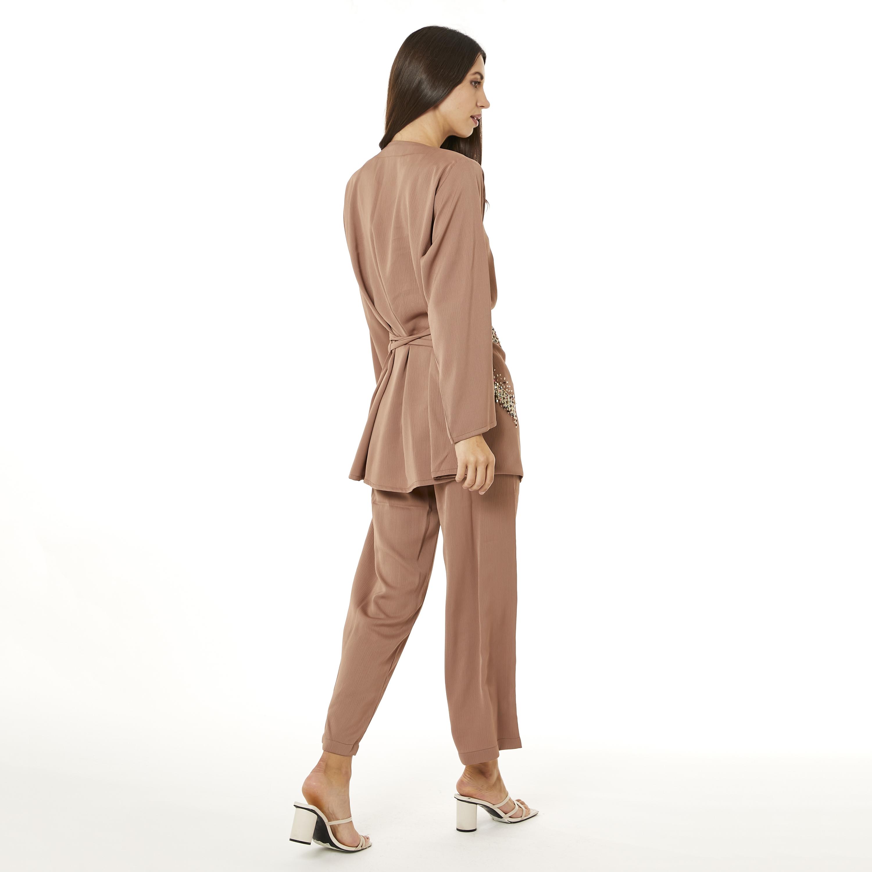 Moistreet 2-Piece Set Brown Beaded Zoom Fabric Women's Top with Pants-women-arabicclothing-abayainner-image-2