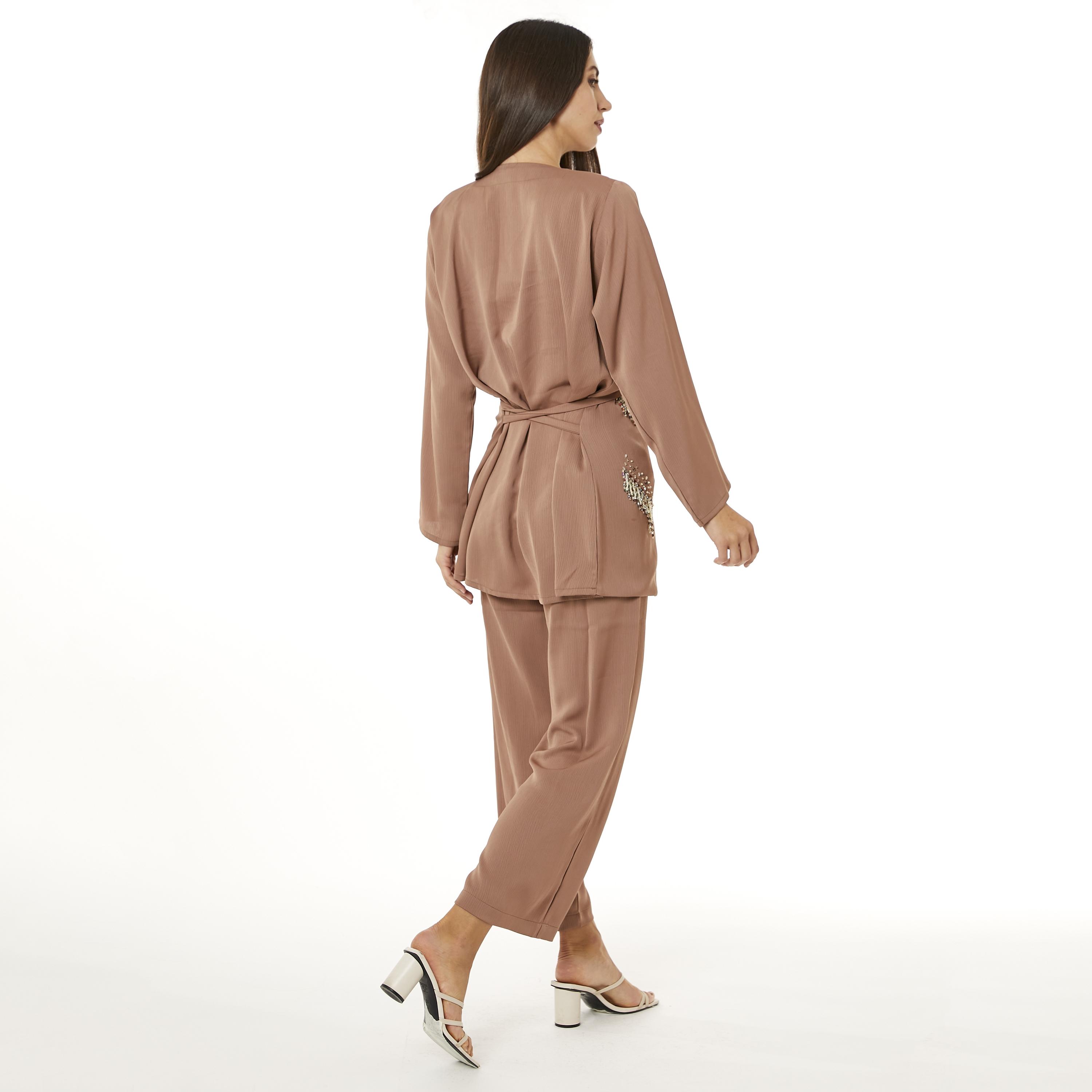 Moistreet 2-Piece Set Brown Beaded Zoom Fabric Women's Top with Pants-women-arabicclothing-abayainner-image-3