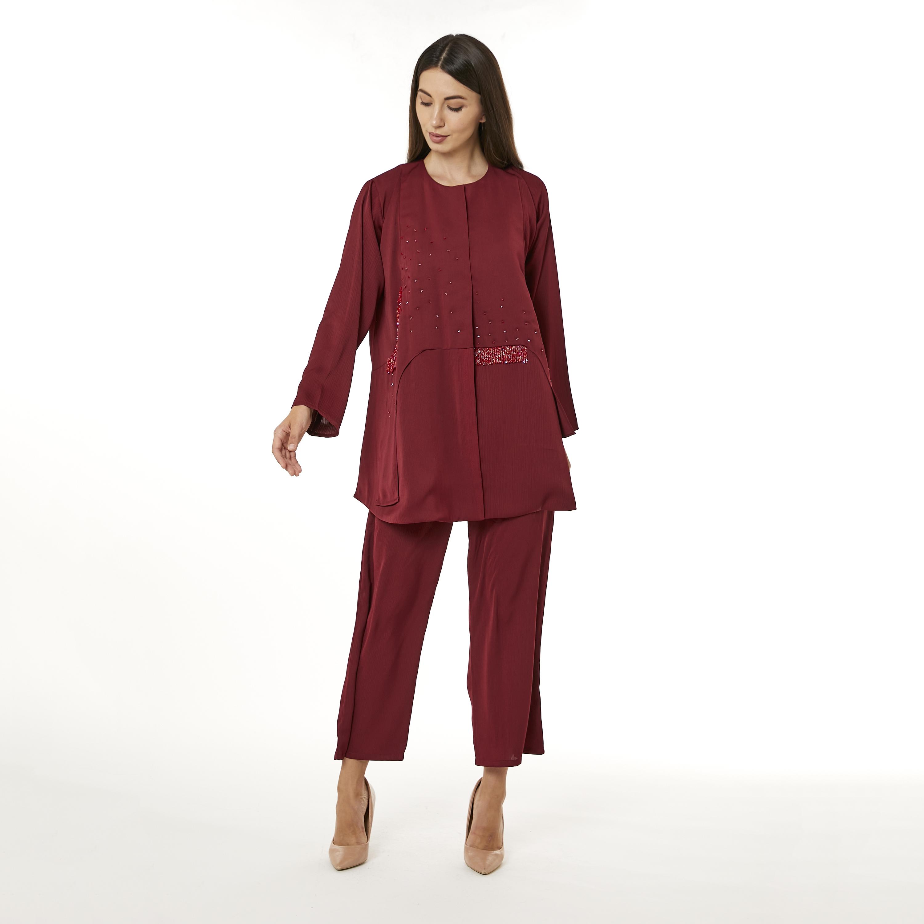 Moistreet 2-Piece Set Red Beaded Zoom Fabric Women's Top with Pants-women-arabicclothing-abayainner-image-1