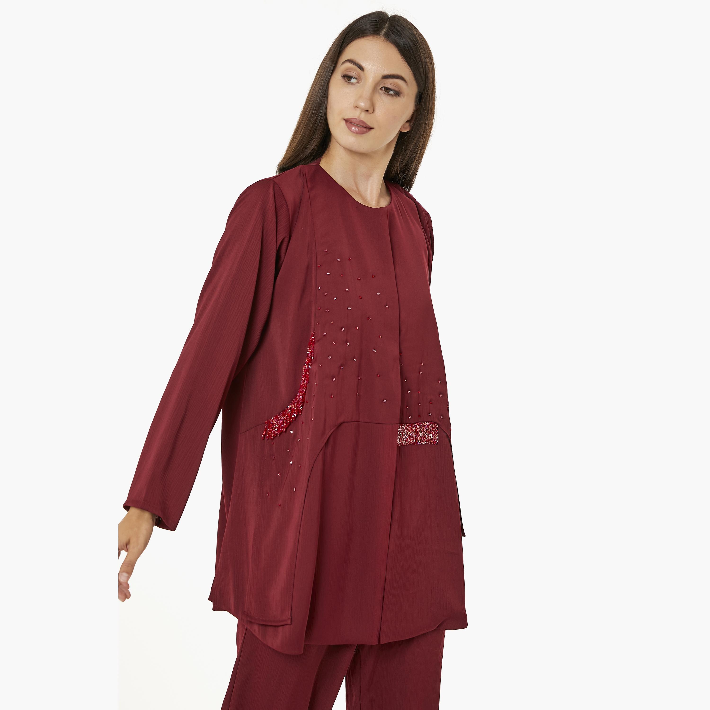 Moistreet 2-Piece Set Red Beaded Zoom Fabric Women's Top with Pants-women-arabicclothing-abayainner-image-2